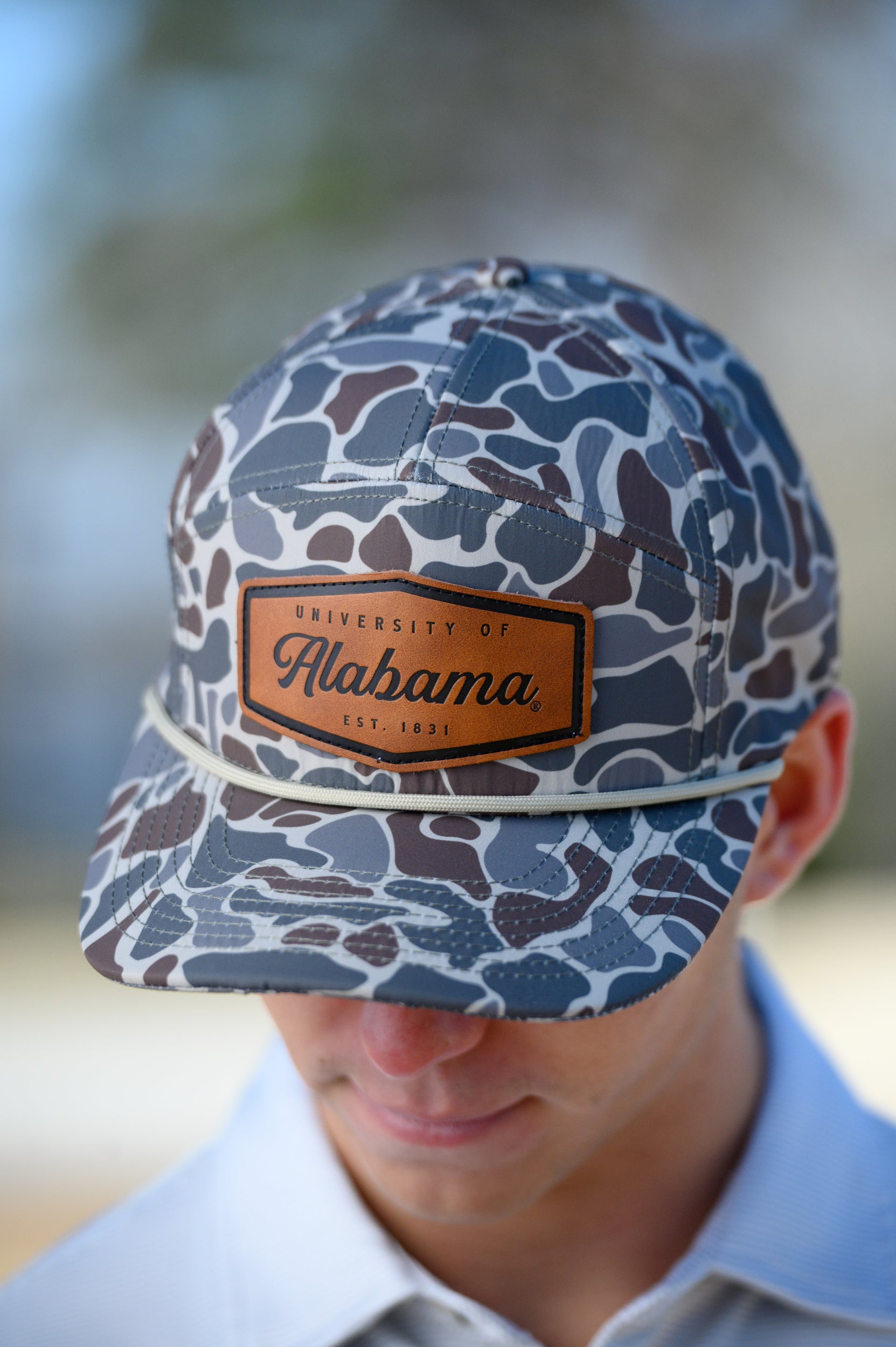 University of Alabama Camo Hat with White rope and Leather patch with text "University of Alabama"