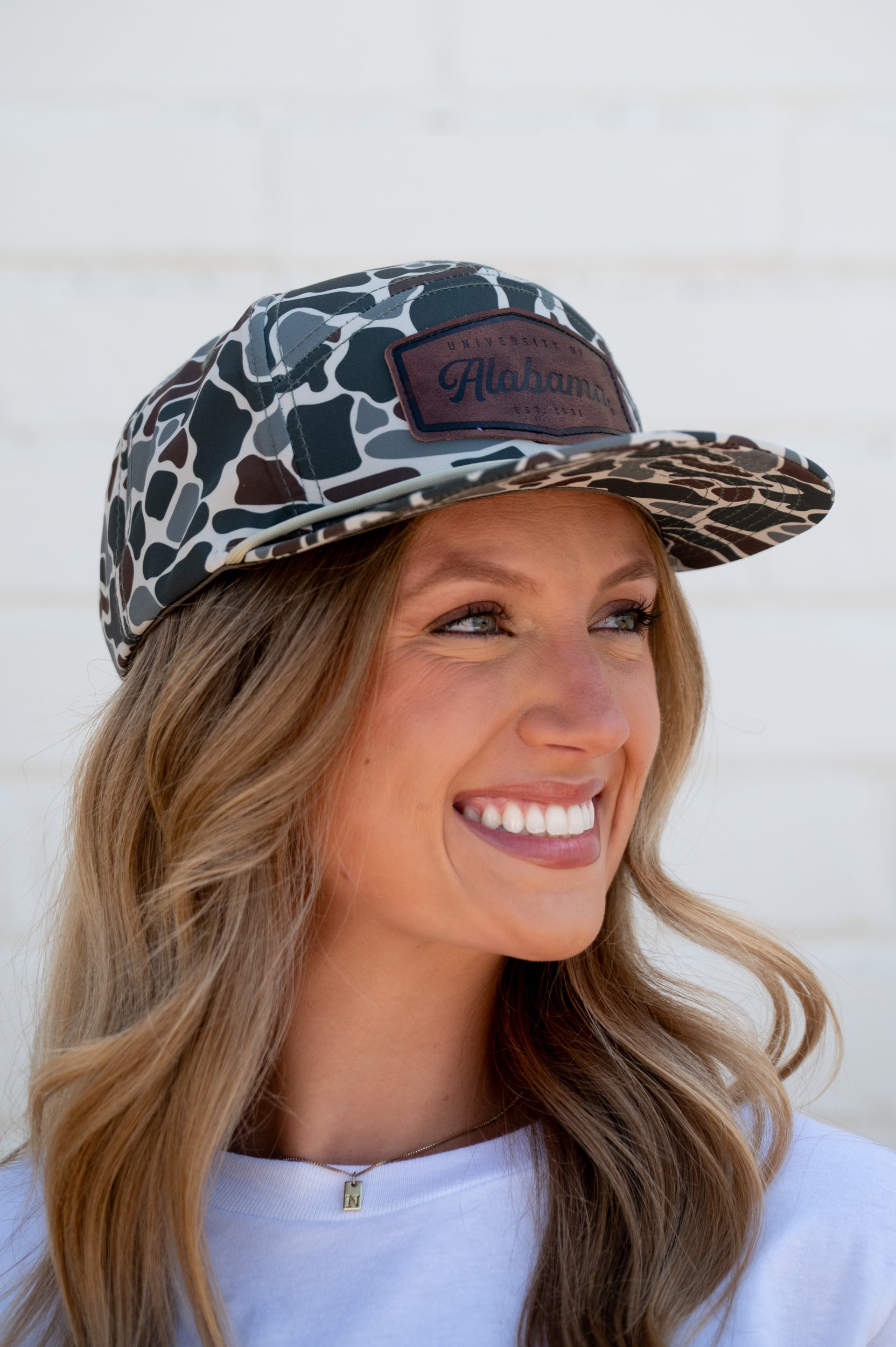 University of Alabama Camo Hat with White rope and Leather patch with text "University of Alabama"