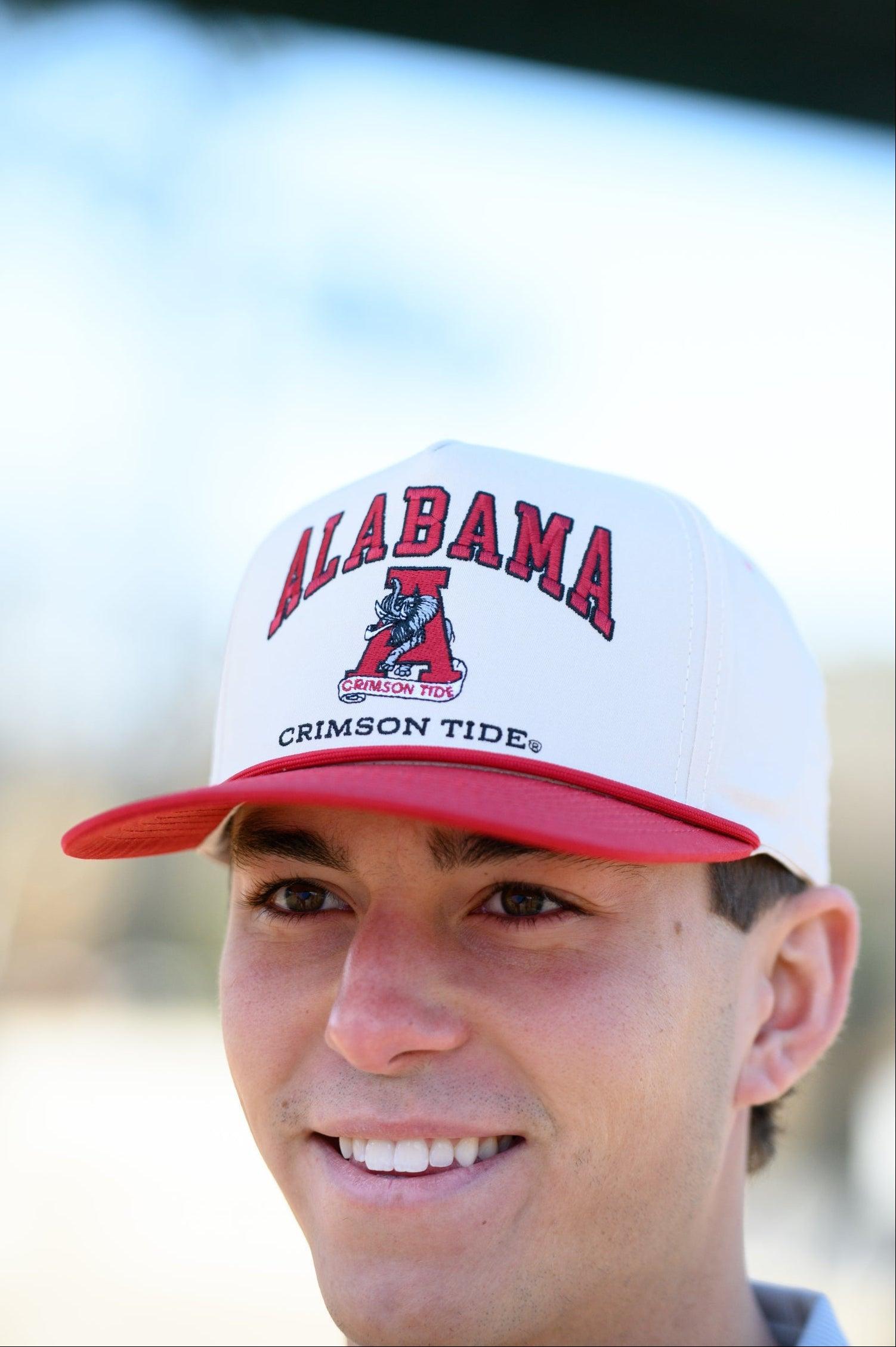 University of Alabama Khaki/Crimson Rope Hat with an image of the Vintage A and the text "Alabama Crimson Tide" surrounding the image