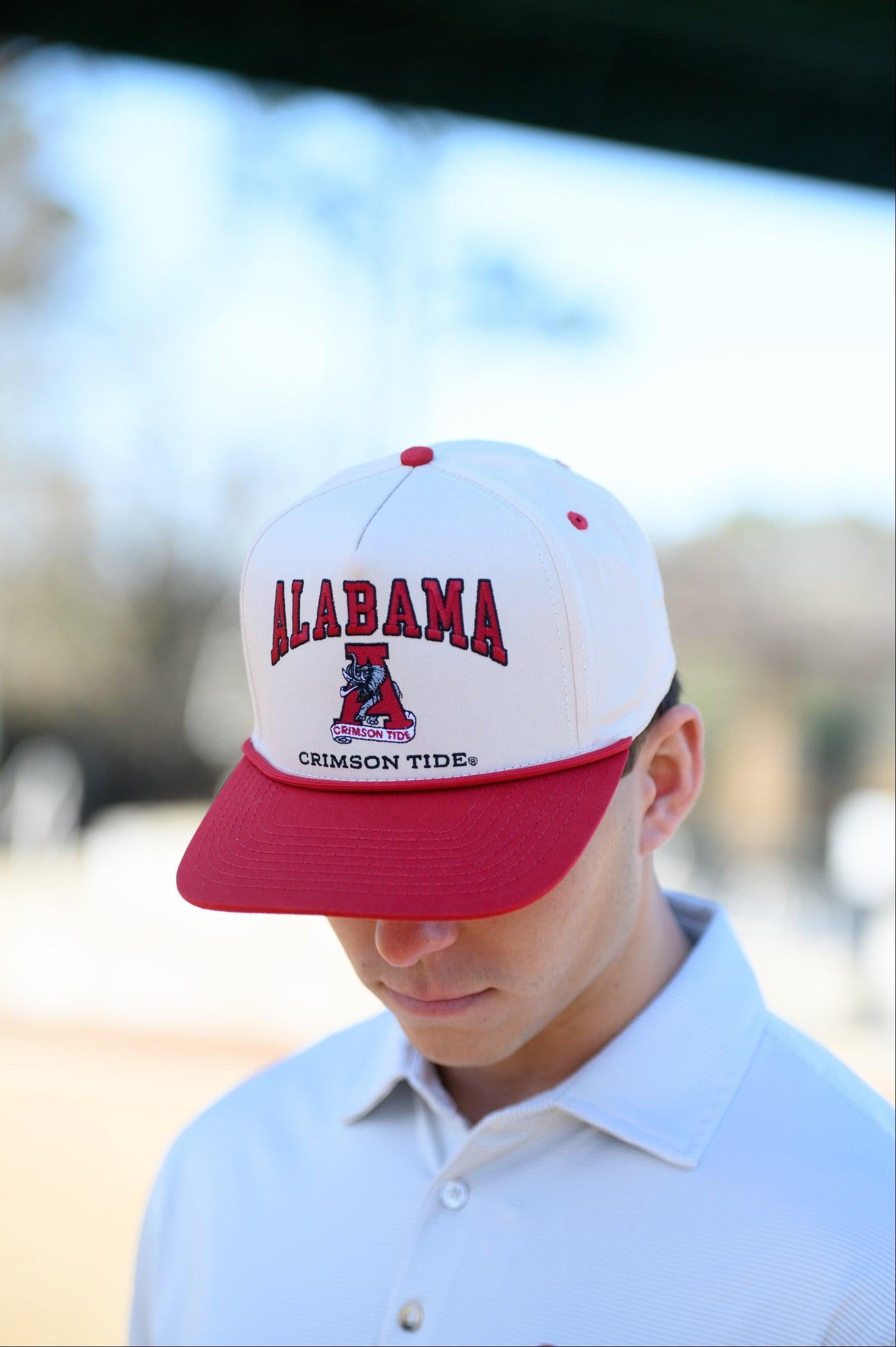 University of Alabama Khaki/Crimson Rope Hat  with an image of the Vintage A and the text "Alabama Crimson Tide" surrounding the image