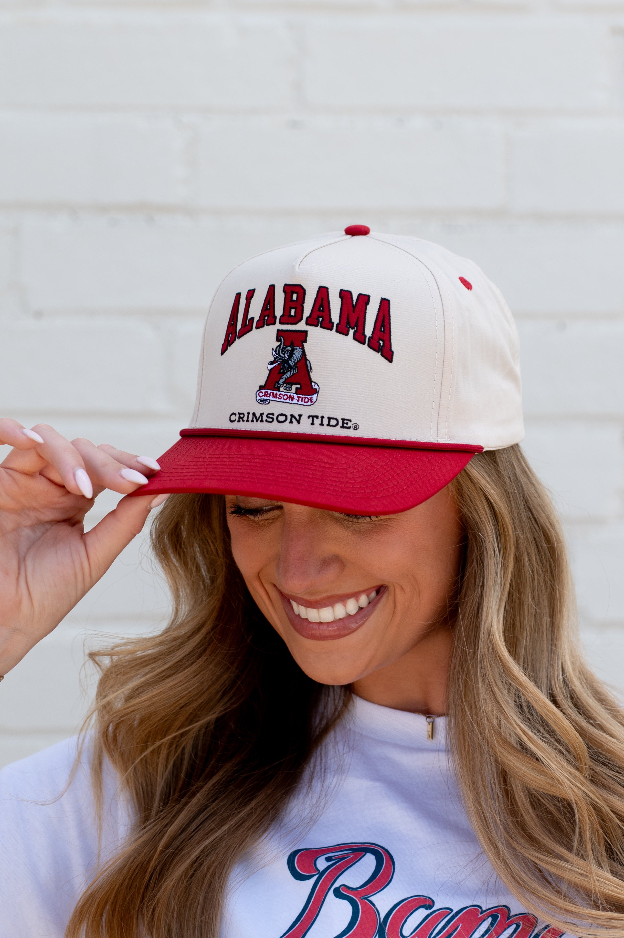 University of Alabama Alabama Classic Two Tone Hat JNJ Classic Khaki/Crimson Rope Hat  with an image of the Vintage A and the text "Alabama Crimson Tide" surrounding the image