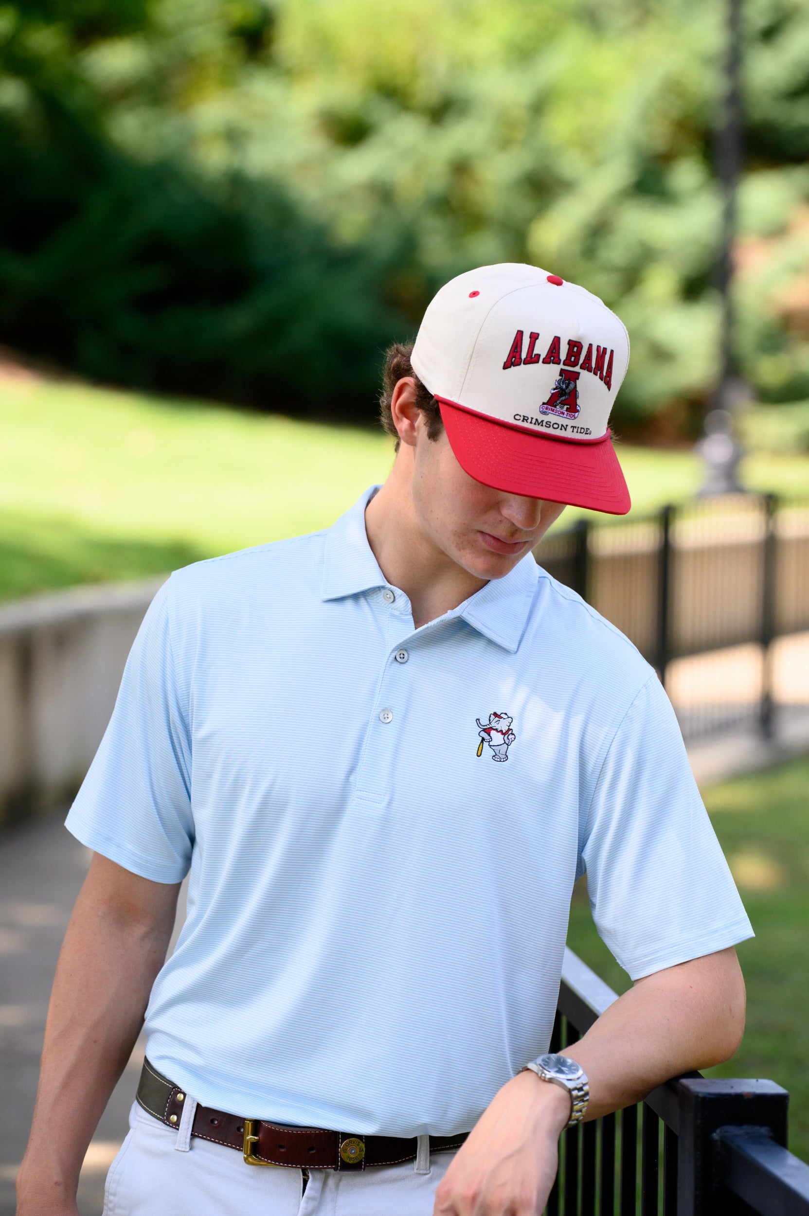 University of Alabama Alabama Classic Two Tone Hat JNJ Classic Khaki/Crimson Rope Hat  with an image of the Vintage A and the text "Alabama Crimson Tide" surrounding the image