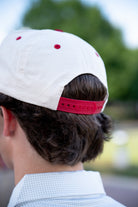 University of Alabama Alabama Classic Two Tone Hat JNJ Classic Khaki/Crimson Rope Hat  with an image of the Vintage A and the text "Alabama Crimson Tide" surrounding the image