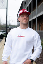 University of Alabama White American Apparel Sweatshirt with 'ALABAMA' embroidered on the front in red letters.