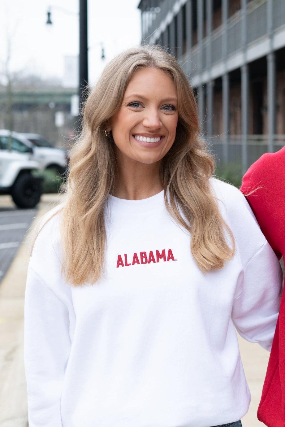 University of Alabama White American Apparel Sweatshirt with 'ALABAMA' embroidered on the front in red letters.