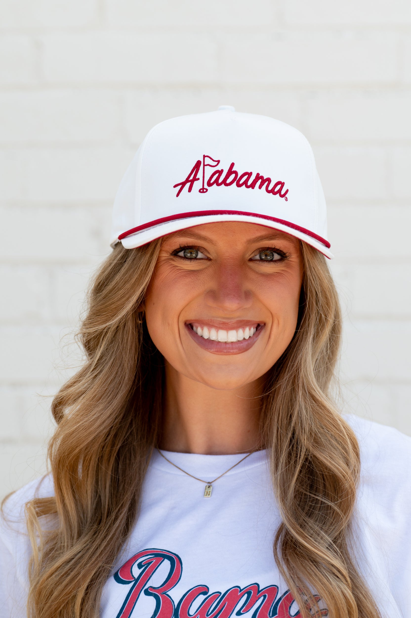 University of Alabama White Hat with Red rope and Red embroidered "Alabama" with the "L" represented as a golf flag