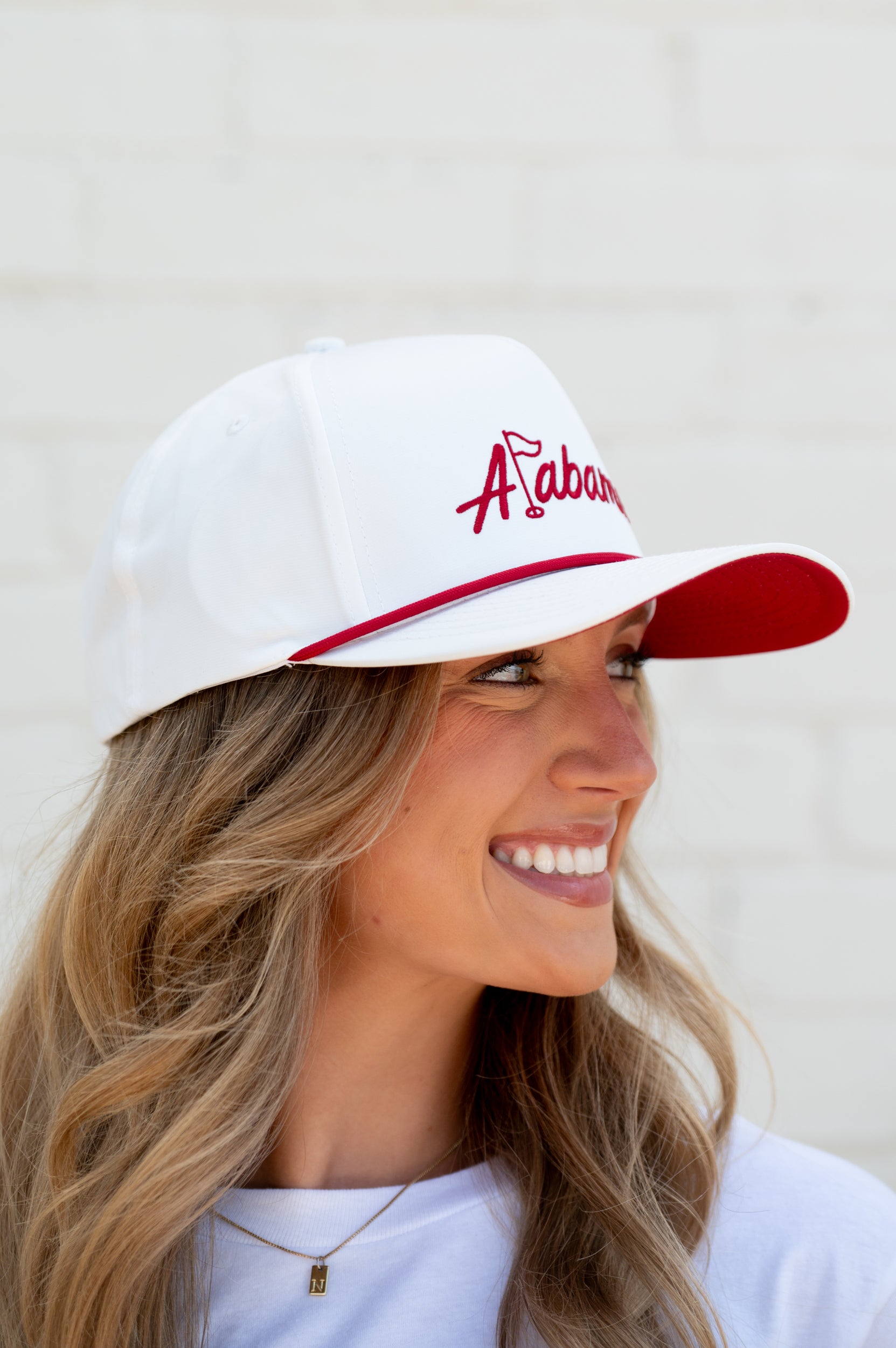 University of Alabama White Hat with Red rope and Red embroidered "Alabama" with the "L" represented as a golf flag