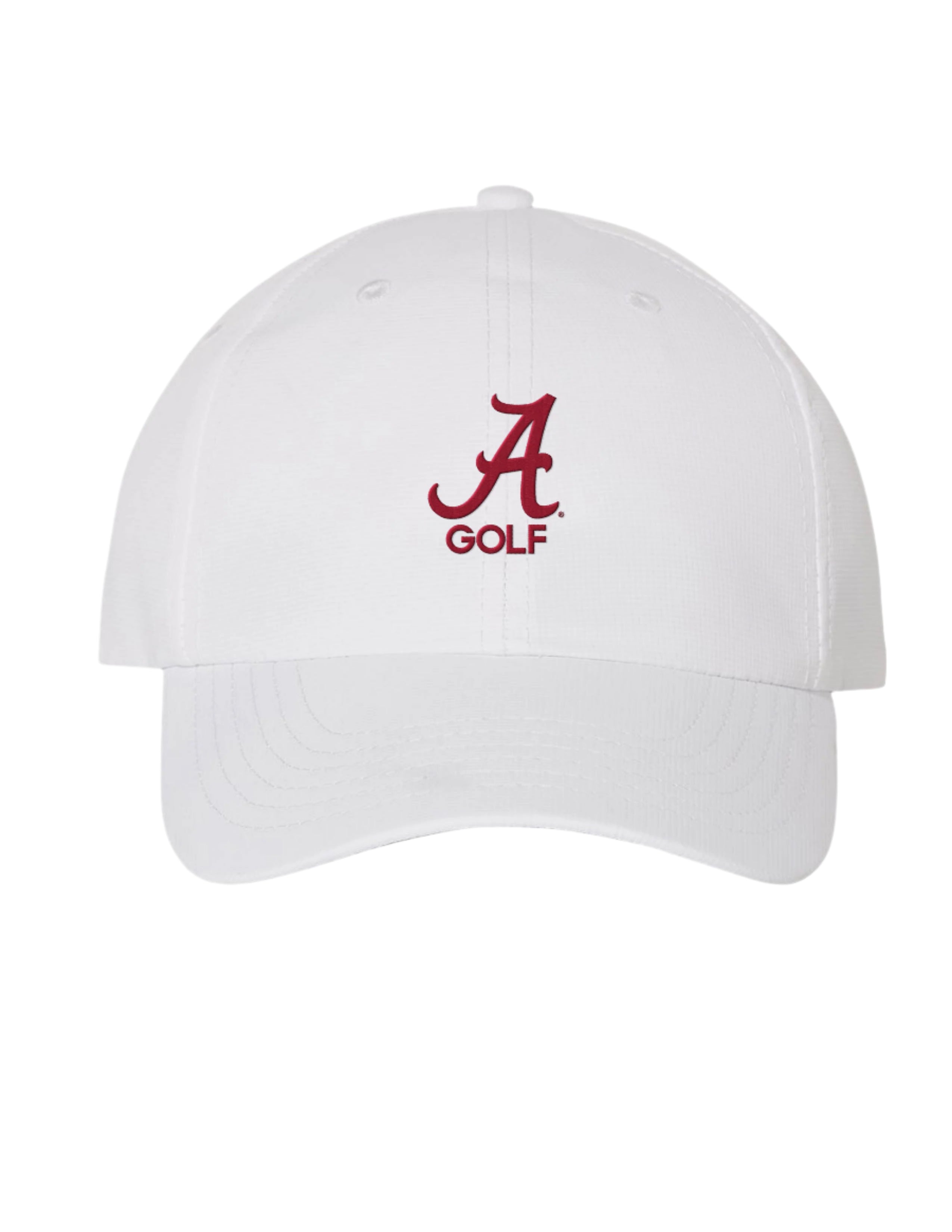 University of Alabama Alabama Golf Hat White Imperial Original Hat with Red embroidered Script A and "GOLF" text 