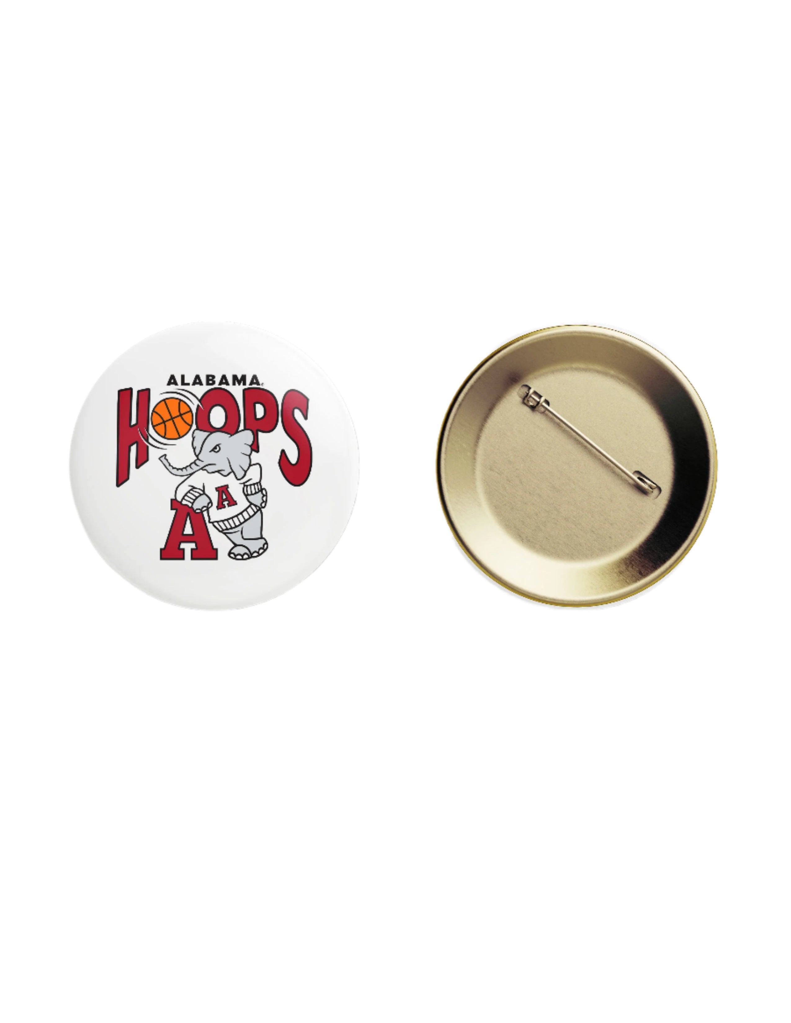 University of Alabama Alabama Hoops White Button with text "HOOPS" with a basketball replacing the first "O" and an image of Old School Al
