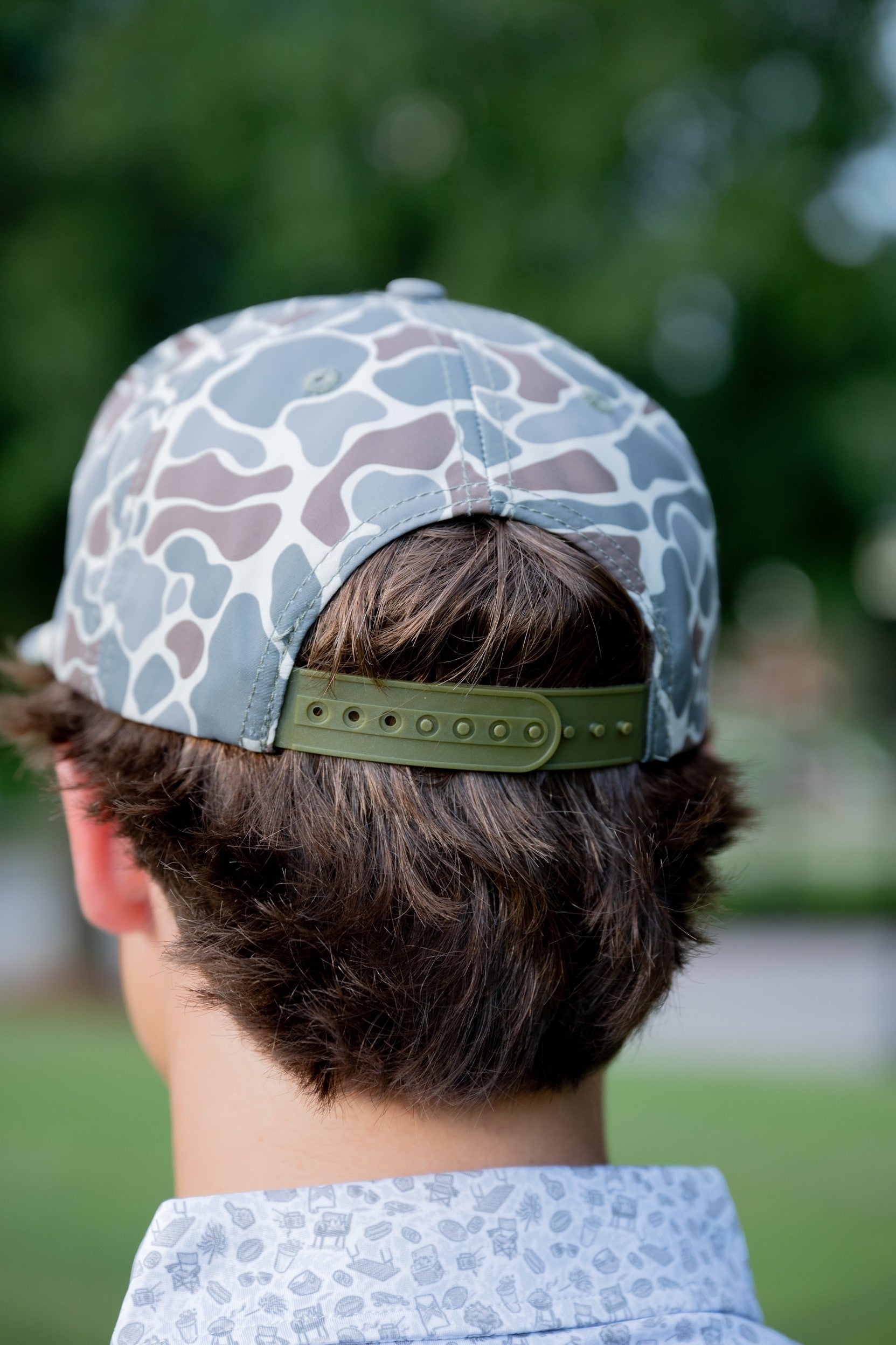 University of Alabama Alabama Leather Patch Hat Duck Camo JNJ 7-Panel Hat with White rope and Leather patch with text "University of Alabama"