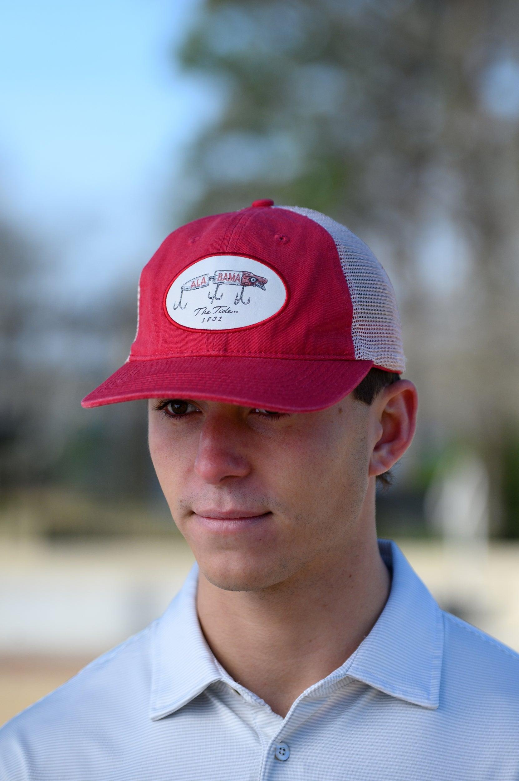 University of Alabama Red Trucker Hat Featuring a patch with an image of a fishing lure with Red text "Alabama"
