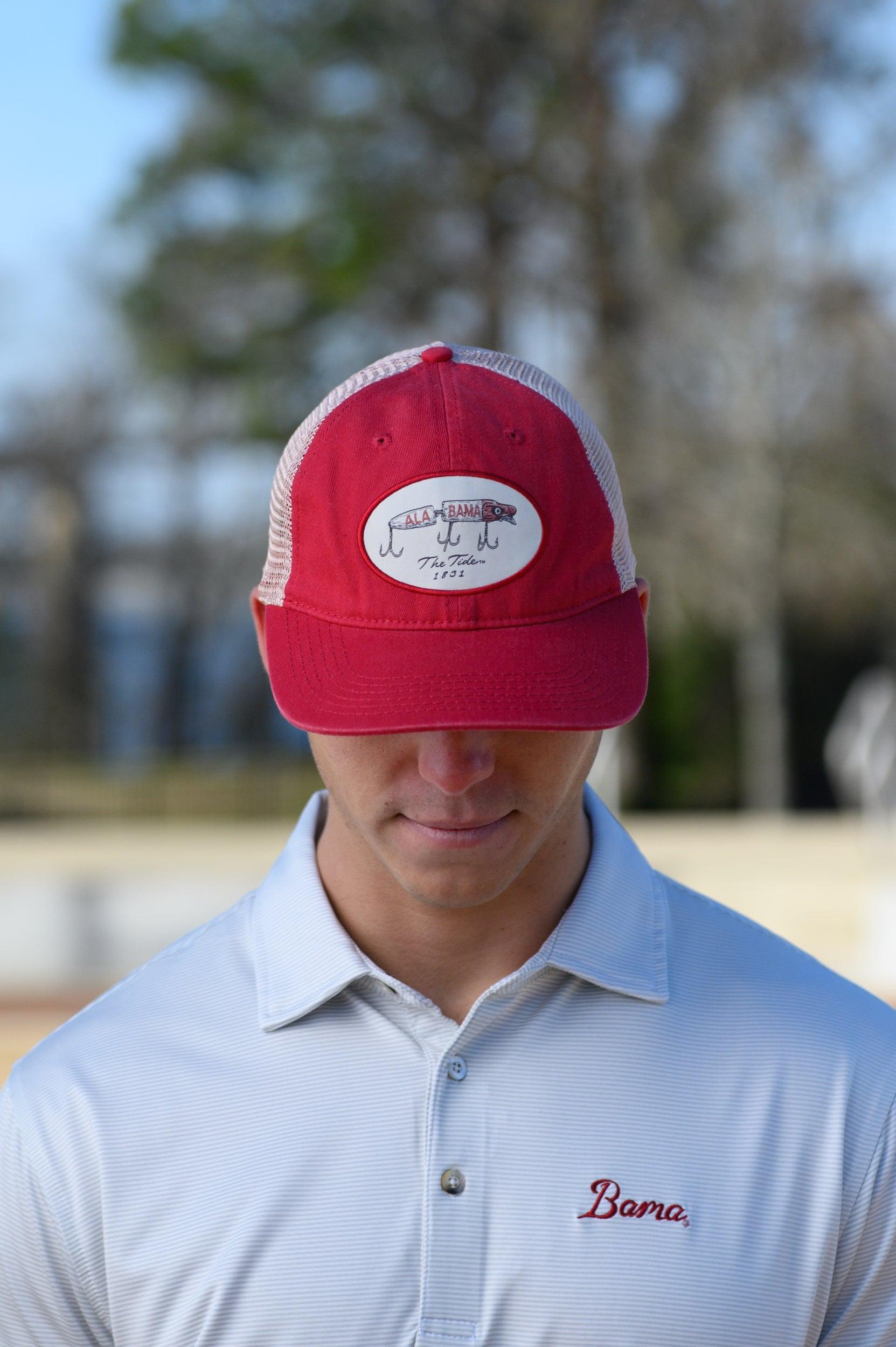 University of Alabama Red Trucker Hat Featuring a patch with an image of a fishing lure with Red text "Alabama"