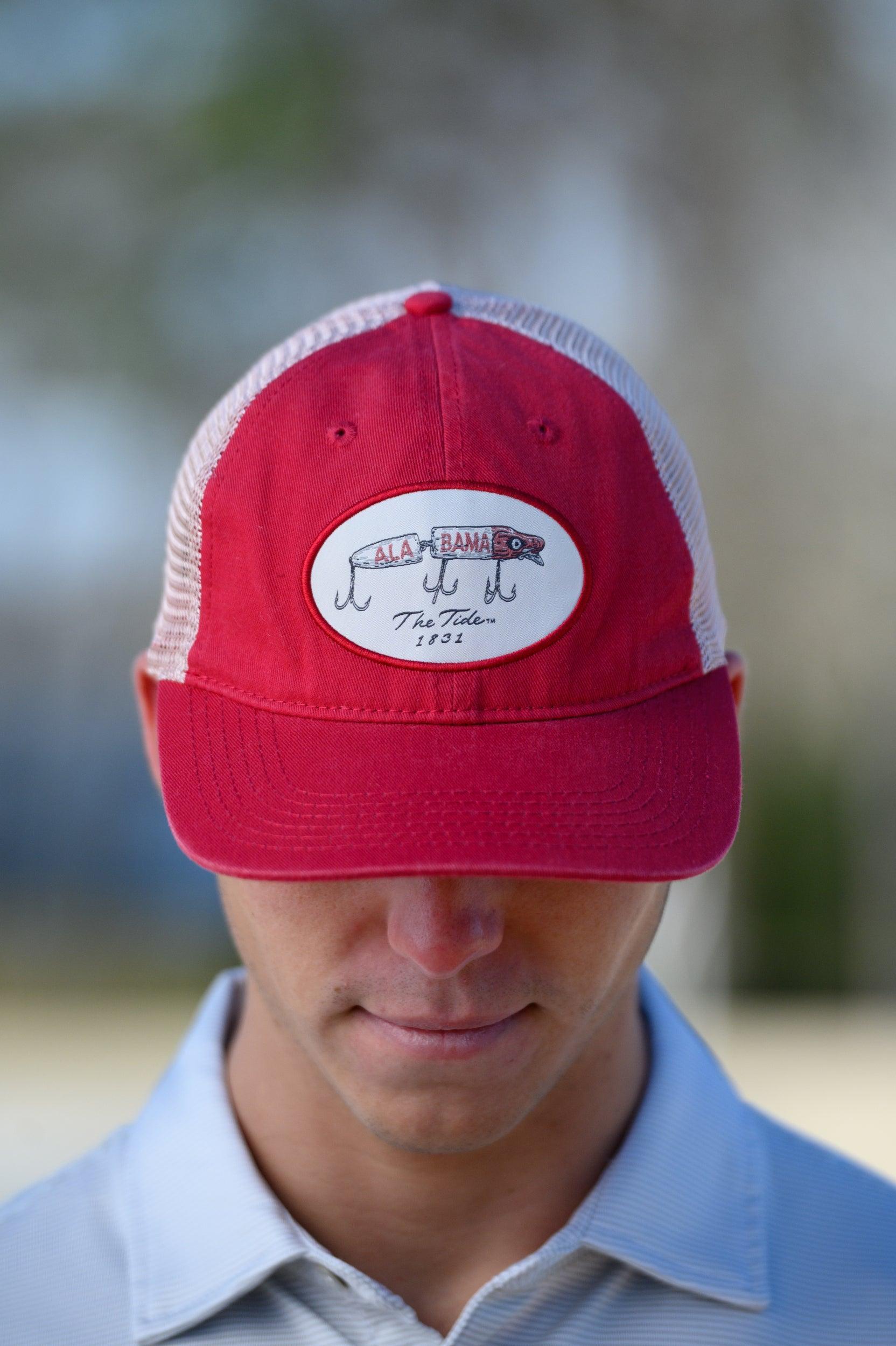 University of Alabama Red Trucker Hat featuring a patch with an image of a fishing lure with Red text "Alabama"
