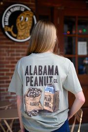 Alabama Peanut Co. Brown T-Shirt with an image of a bag of peanuts next to a beer can in a bag