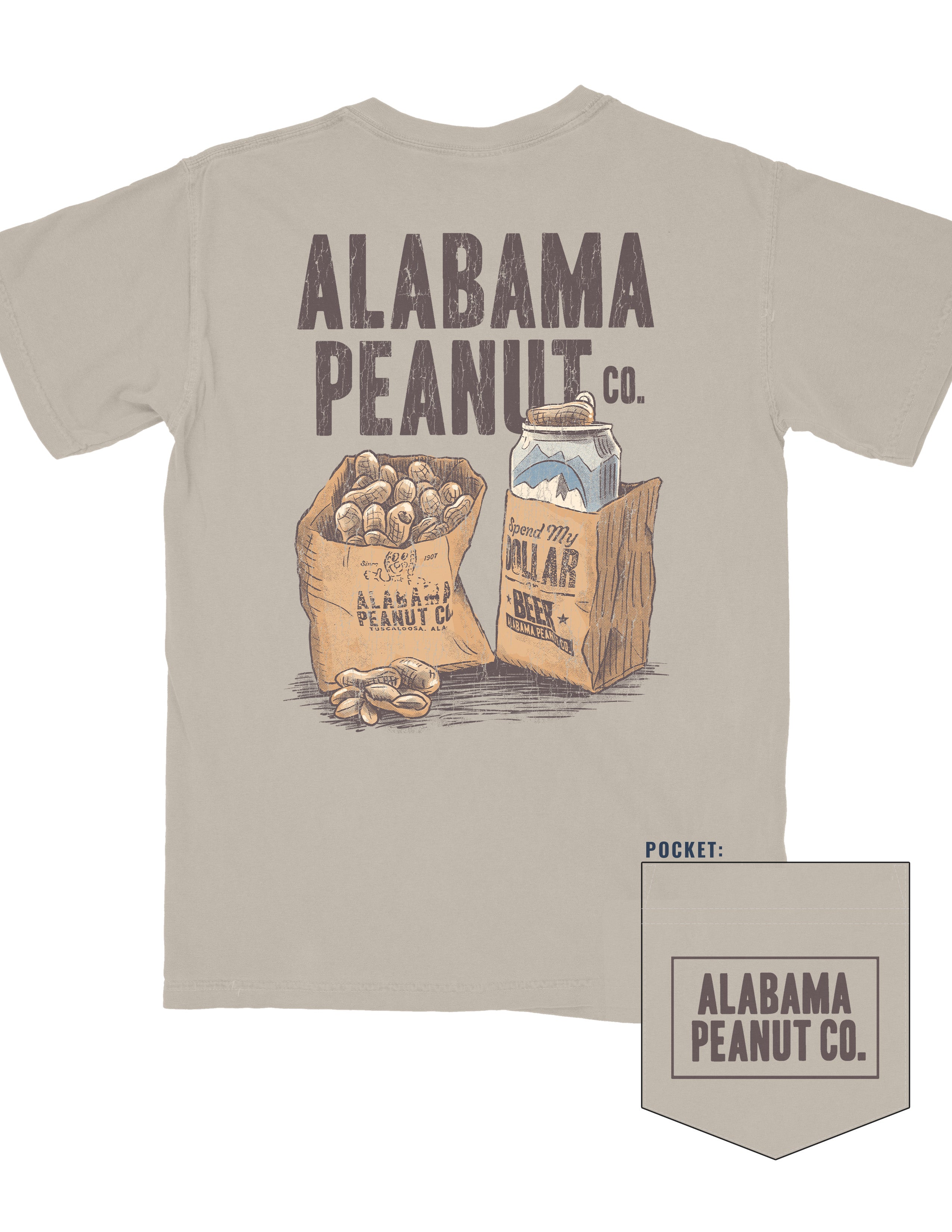 Alabama Peanut Co. Brown T-Shirt with an image of a bag of peanuts next to a beer can in a bag