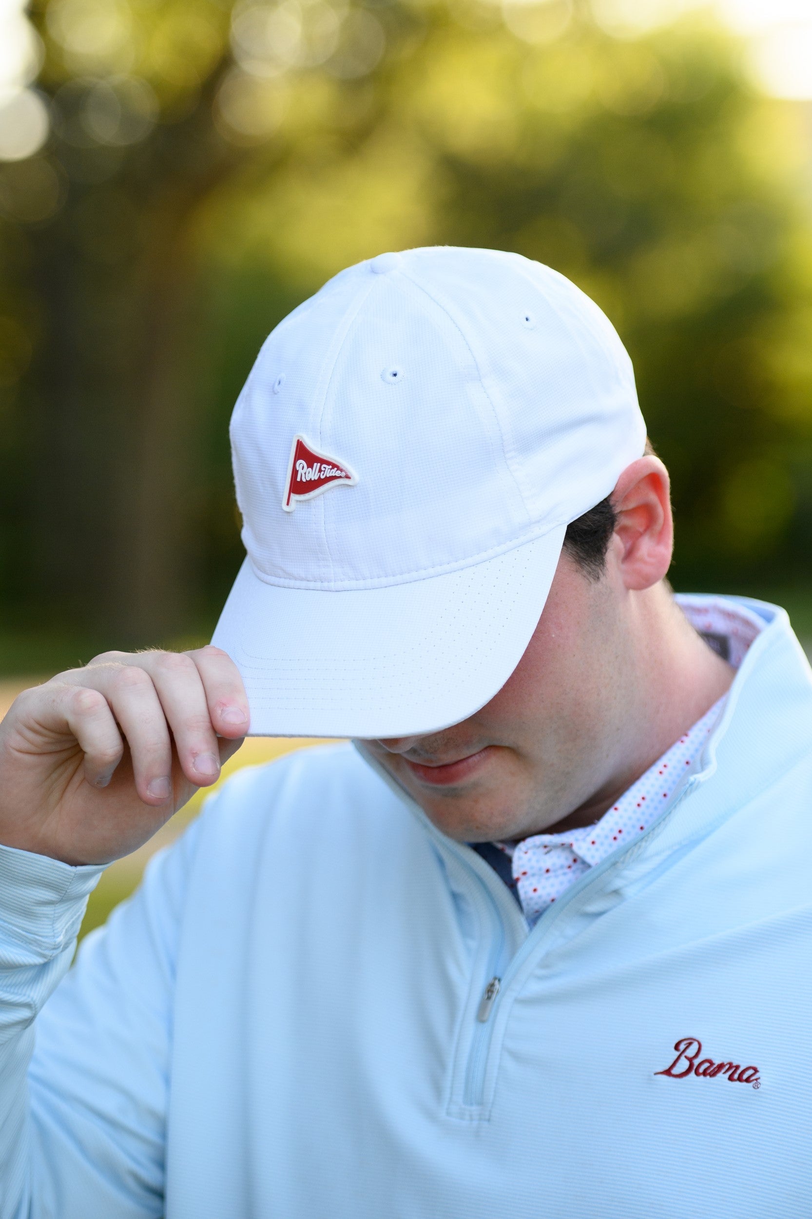 University of Alabama Alabama Performance Flag Hat White JNJ Fly Fit Hat with the embroidered image of a Red "Roll Tide" Flag