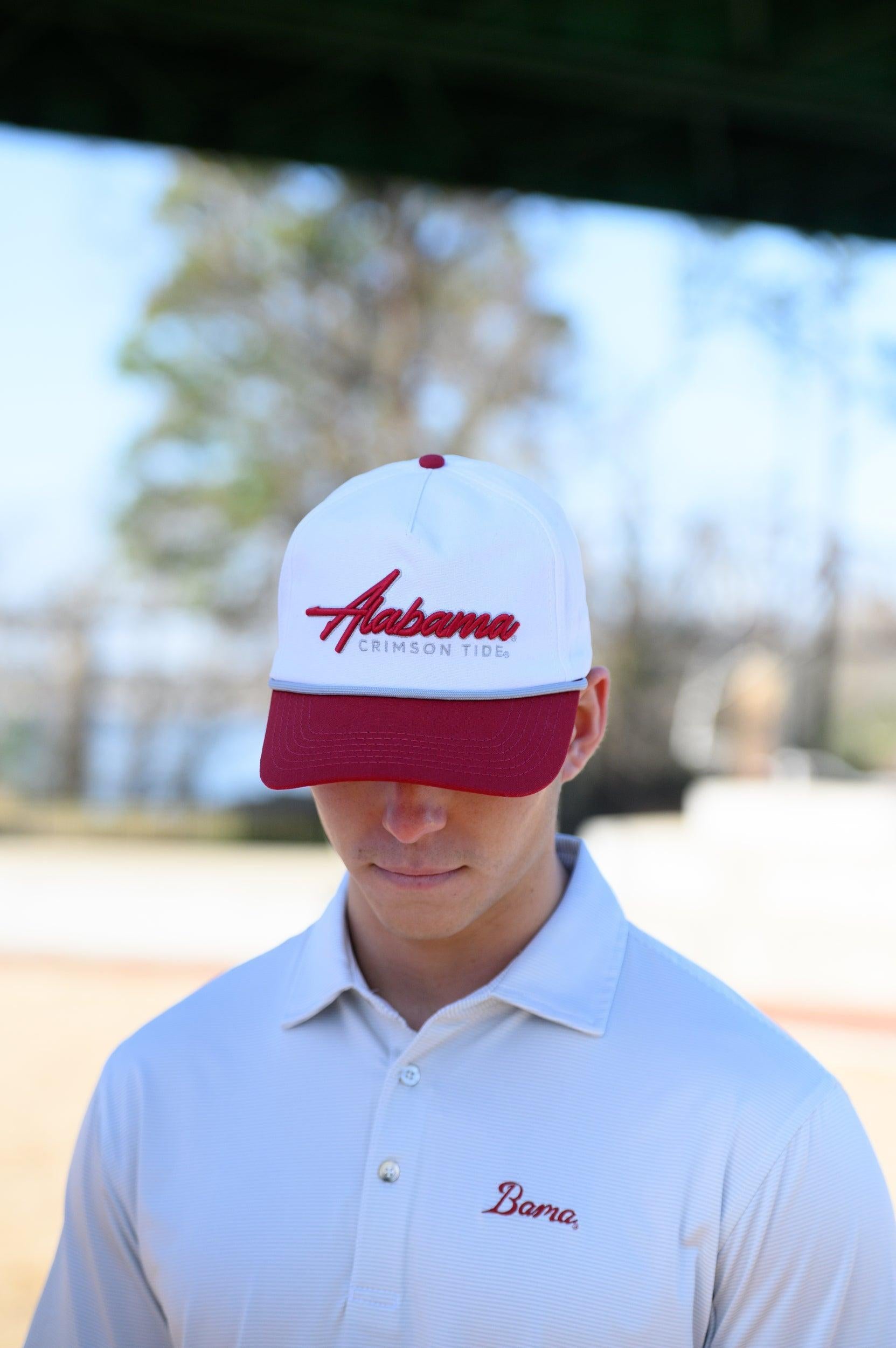 University of Alabama White and Red Hat with Red “Alabama” embroidery and Light Grey text “Crimson Tide”