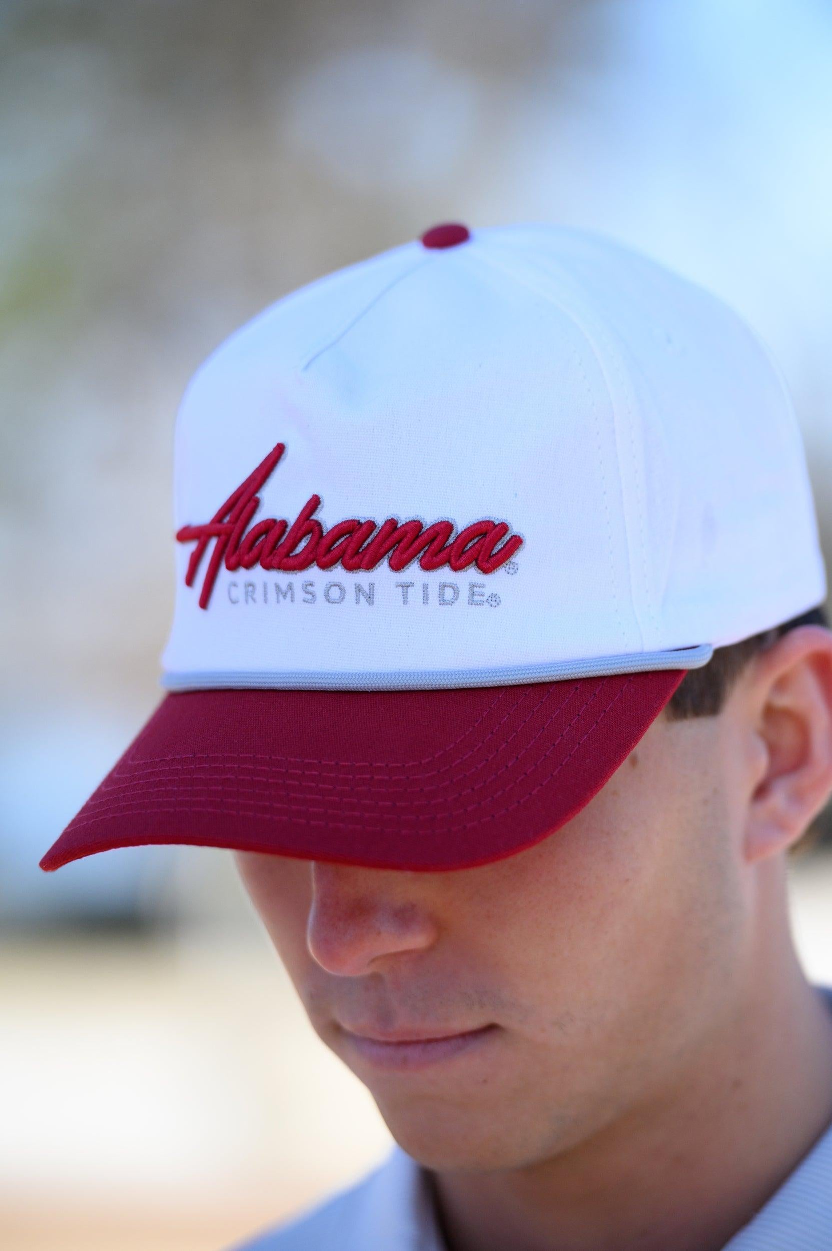 University of Alabama White and Red Hat with Red “Alabama” embroidery and Light Grey text “Crimson Tide”