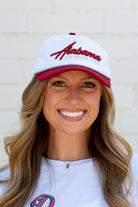 University of Alabama White and Red Hat with Red “Alabama” embroidery and Light Grey text “Crimson Tide”