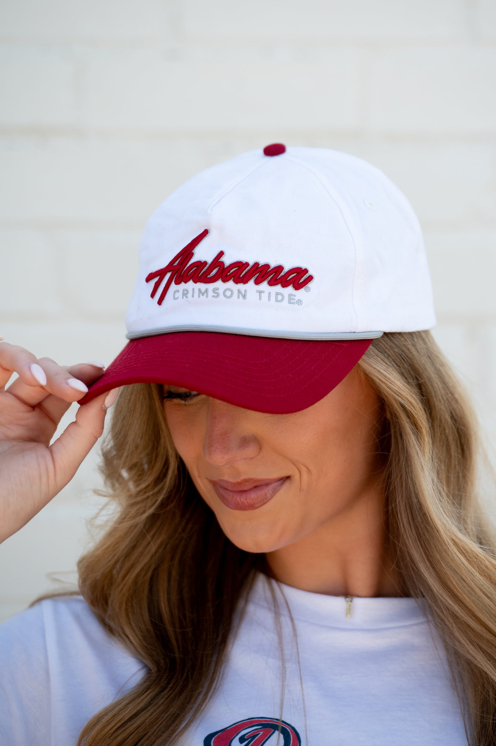 University of Alabama White and Red Hat with Red “Alabama” embroidery and Light Grey text “Crimson Tide”