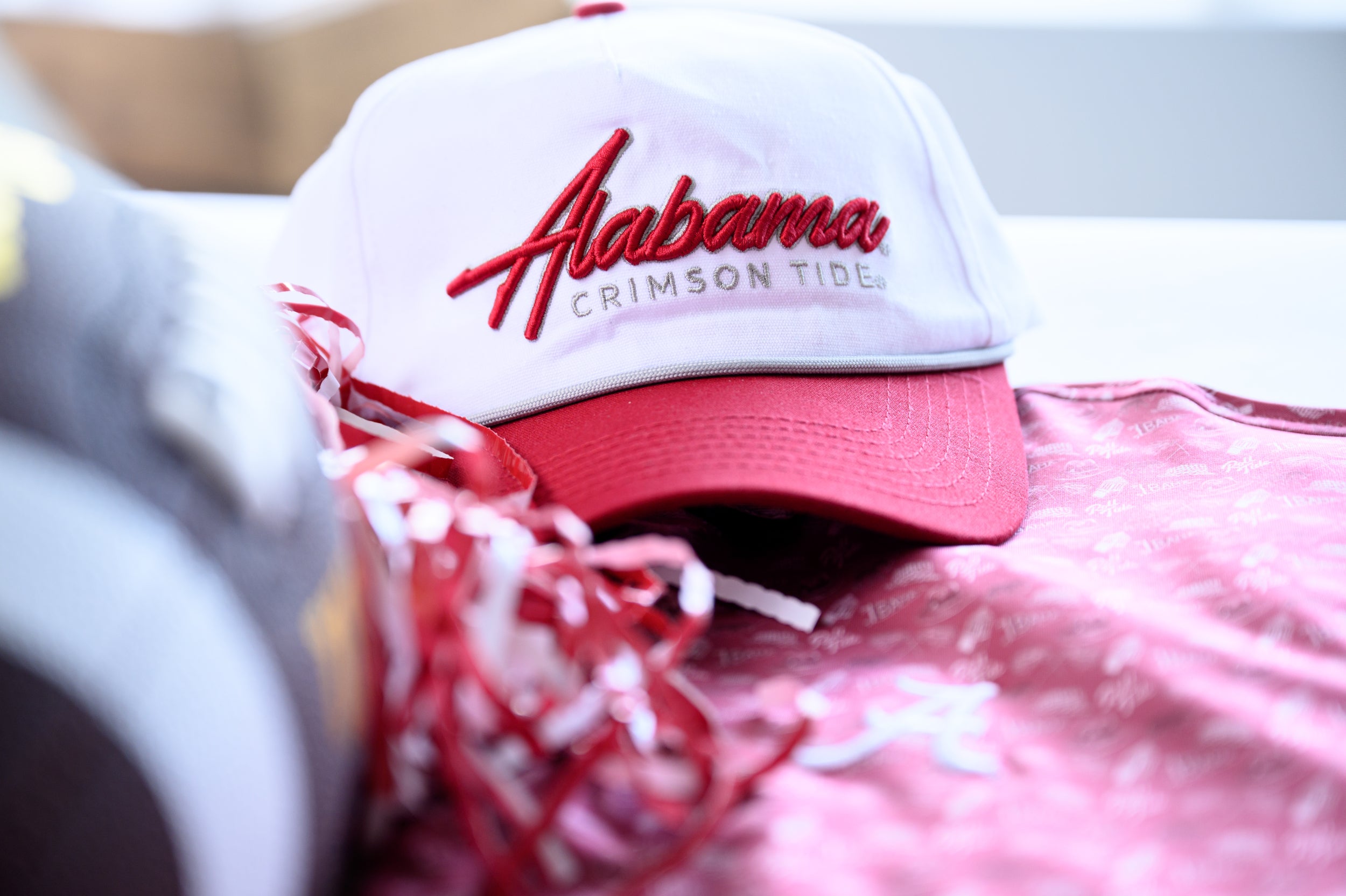 University of Alabama White and Red Hat with Red “Alabama” embroidery and Light Grey text “Crimson Tide”