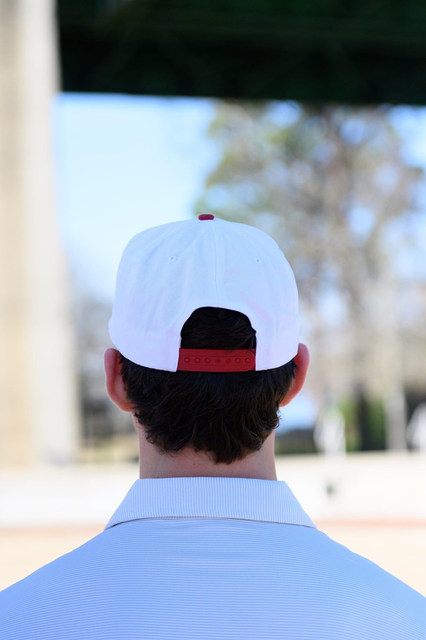 University of Alabama White and Red Hat with Red “Alabama” embroidery and Light Grey text “Crimson Tide."
Snapback Hat