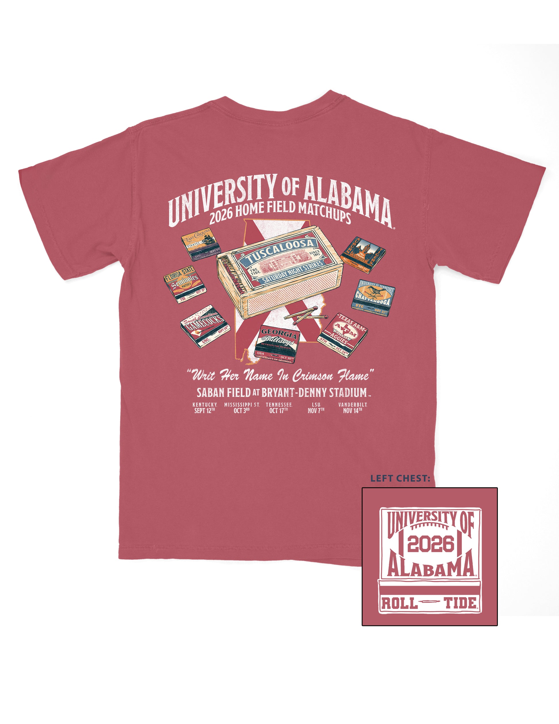 University of Alabama Red T-Shirt with White Text “2026 Home Field Matchups,” and illustrations of matchbooks. One large “Tuscaloosa” matchbook is surrounded by matchbooks from (listed left to right): East Carolina, Florida State, South Carolina, Georgia, Texas A&M, Chattanooga, and Auburn