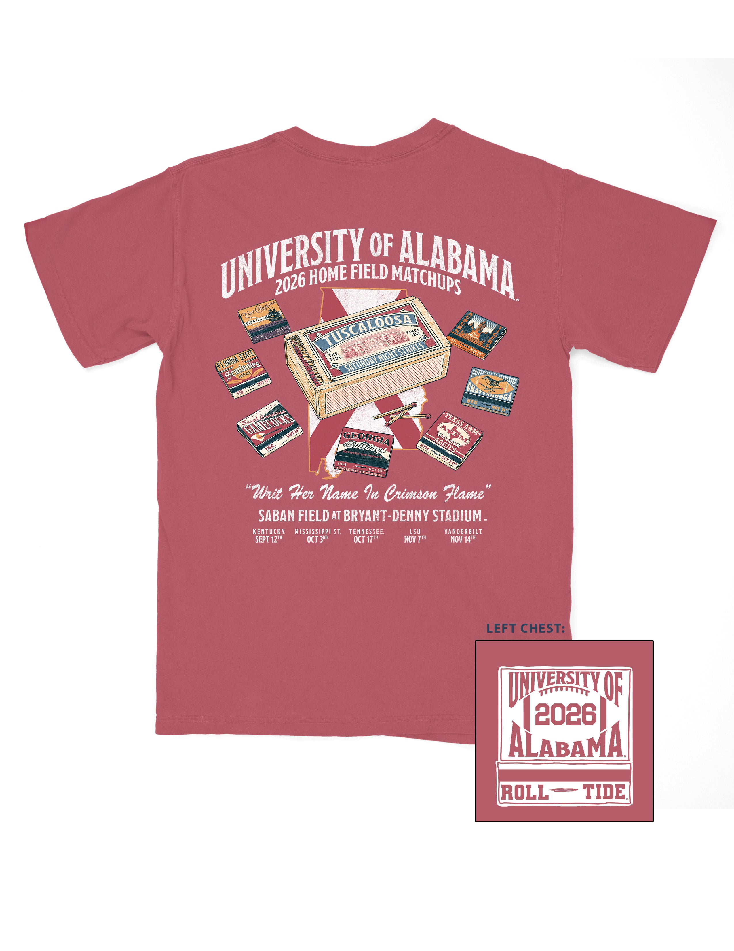 University of Alabama Red T-Shirt with White Text “2026 Home Field Matchups,” and illustrations of matchbooks. One large “Tuscaloosa” matchbook is surrounded by matchbooks from (listed left to right): East Carolina, Florida State, South Carolina, Georgia, Texas A&M, Chattanooga, and Auburn