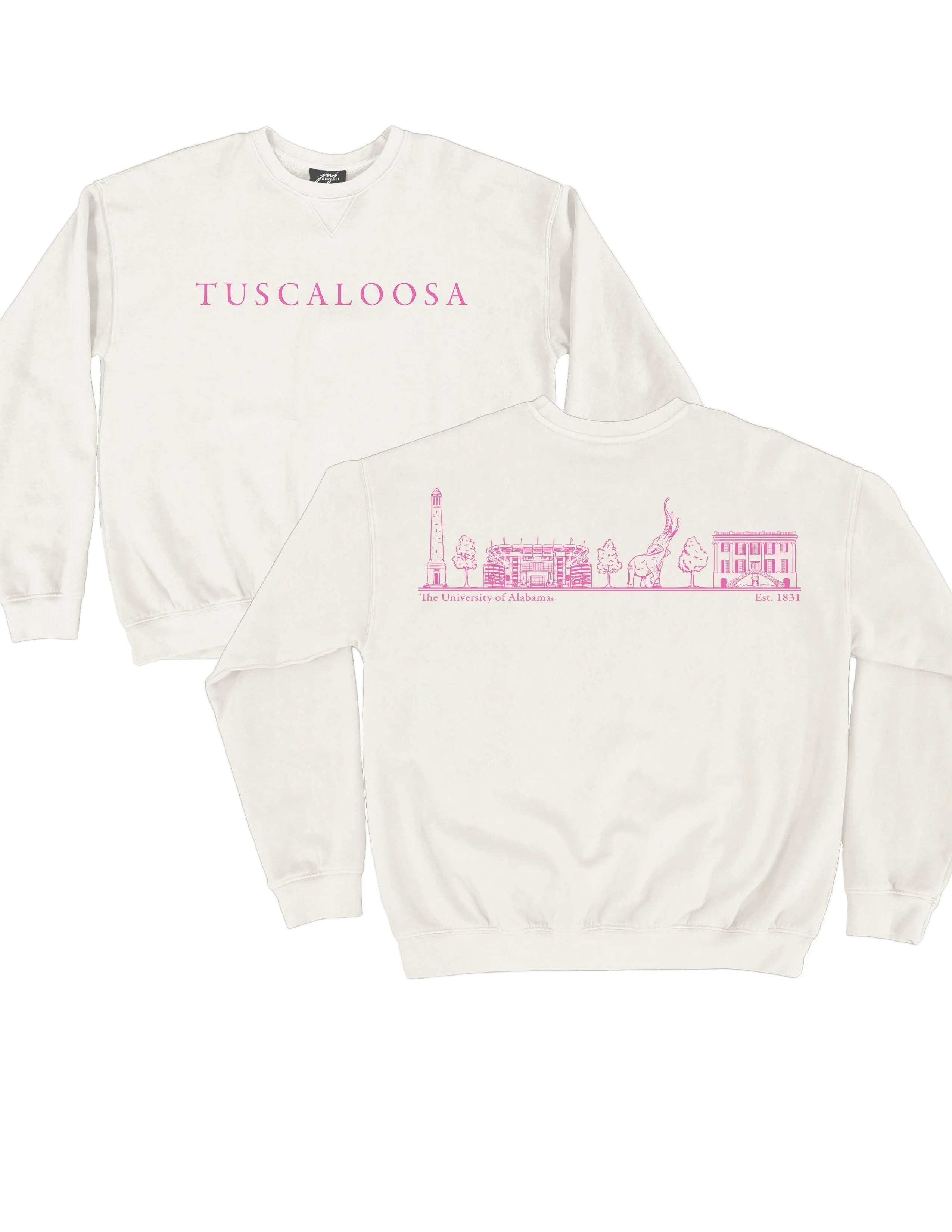Local Merch Off-White Crewneck with Pink Text “Tuscaloosa” on the front, and Pink sketches of Denny Chimes, Bryant-Denny Stadium, the Tuska Stature, and President’s Mansion on the back