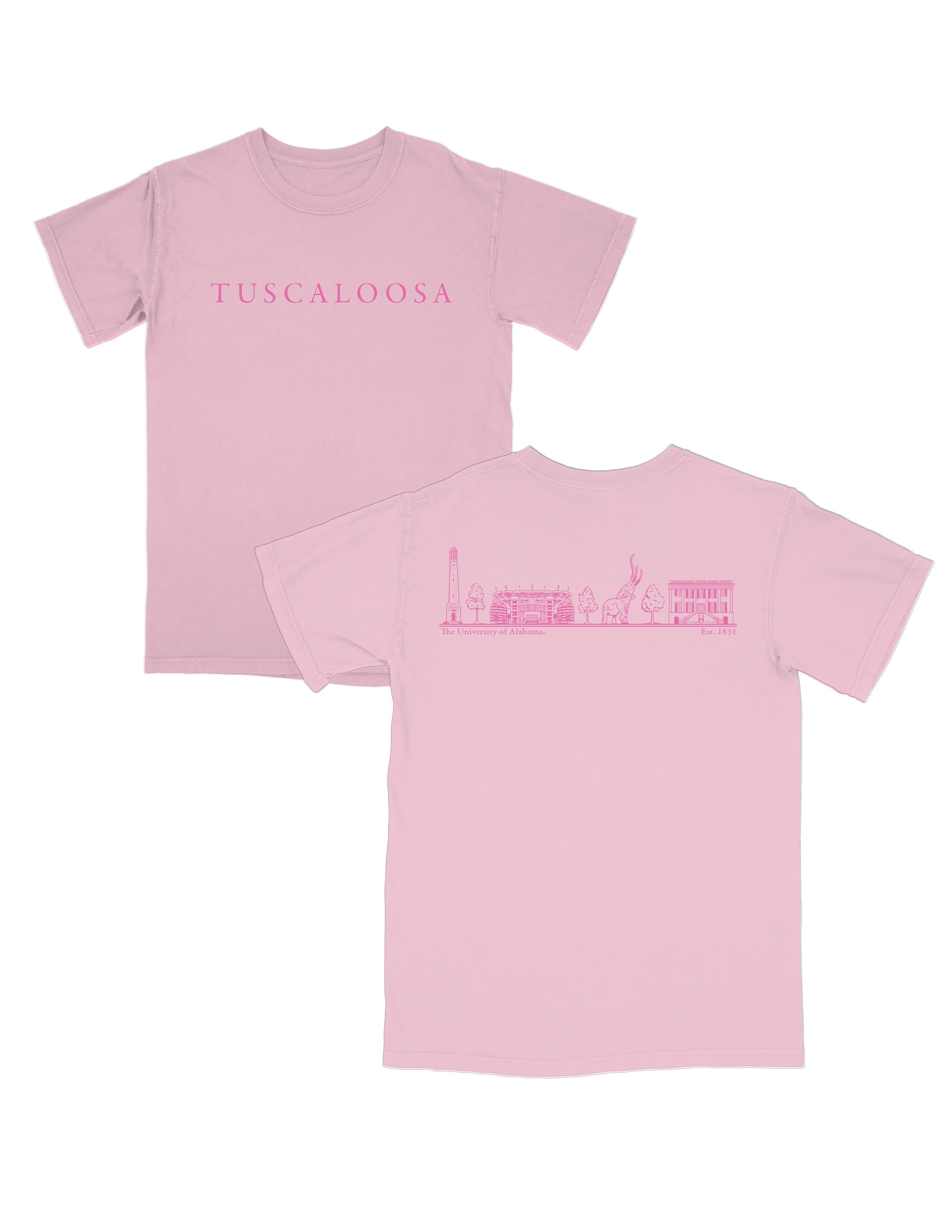 Local Merch Light Pink T-Shirt with Pink Text “Tuscaloosa” on the front, and Pink sketches of Denny Chimes, Bryant-Denny Stadium, the Tuska Stature, and President’s Mansion on the back