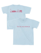 Local Merch Light Blue T-Shirt with Red Text “Tuscaloosa” on the front, and Red sketches of Denny Chimes, Bryant-Denny Stadium, the Tuska Stature, and President’s Mansion on the back