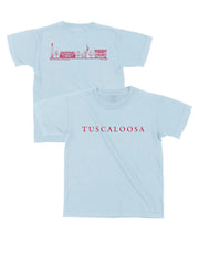 Local Merch Light Blue T-Shirt with Red Text “Tuscaloosa” on the front, and Red sketches of Denny Chimes, Bryant-Denny Stadium, the Tuska Stature, and President’s Mansion on the back