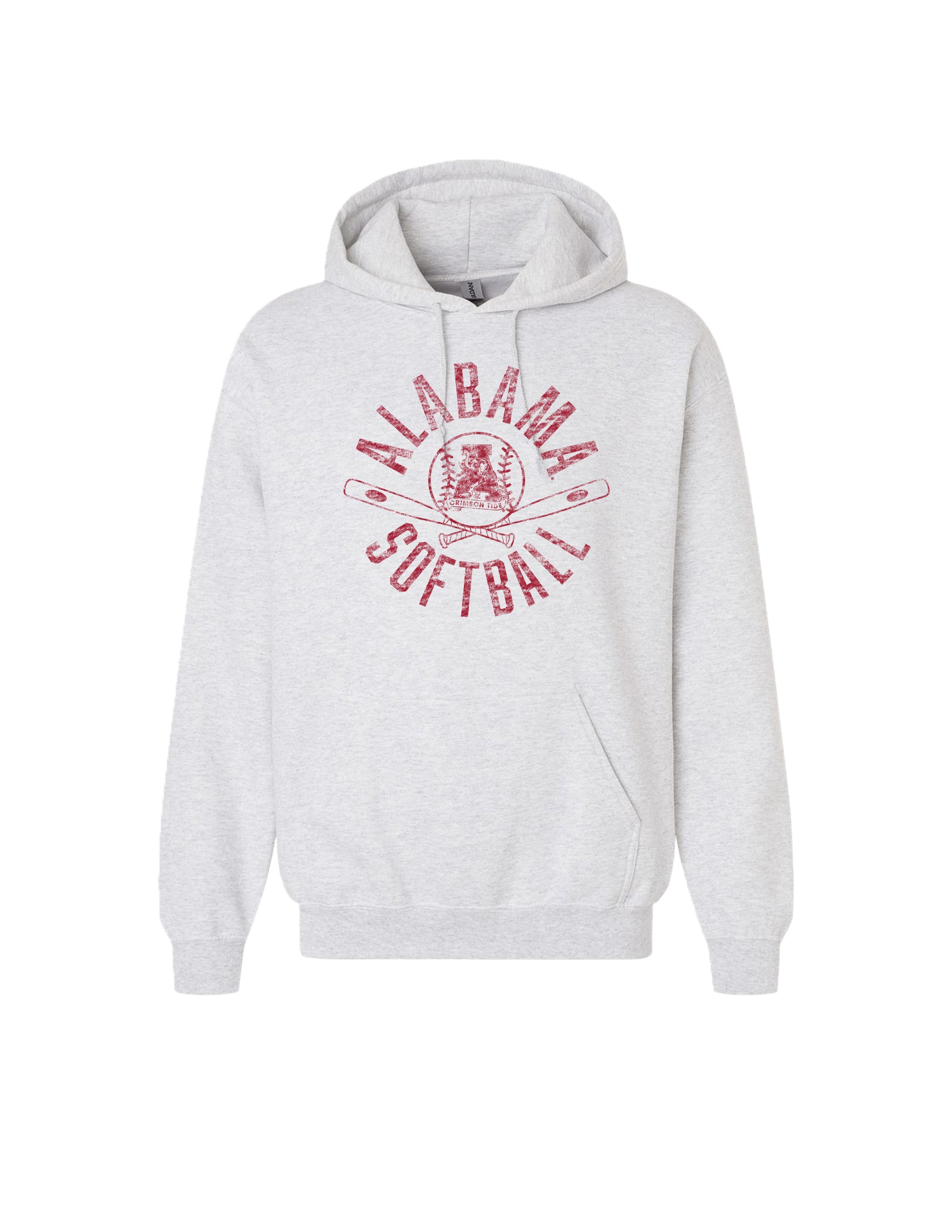 University of Alabama Distressed Light Grey Hoodie with a Red Softball featuring the Vintage A logo over crossed softball bats, surrounded by Red text “Alabama Softball”