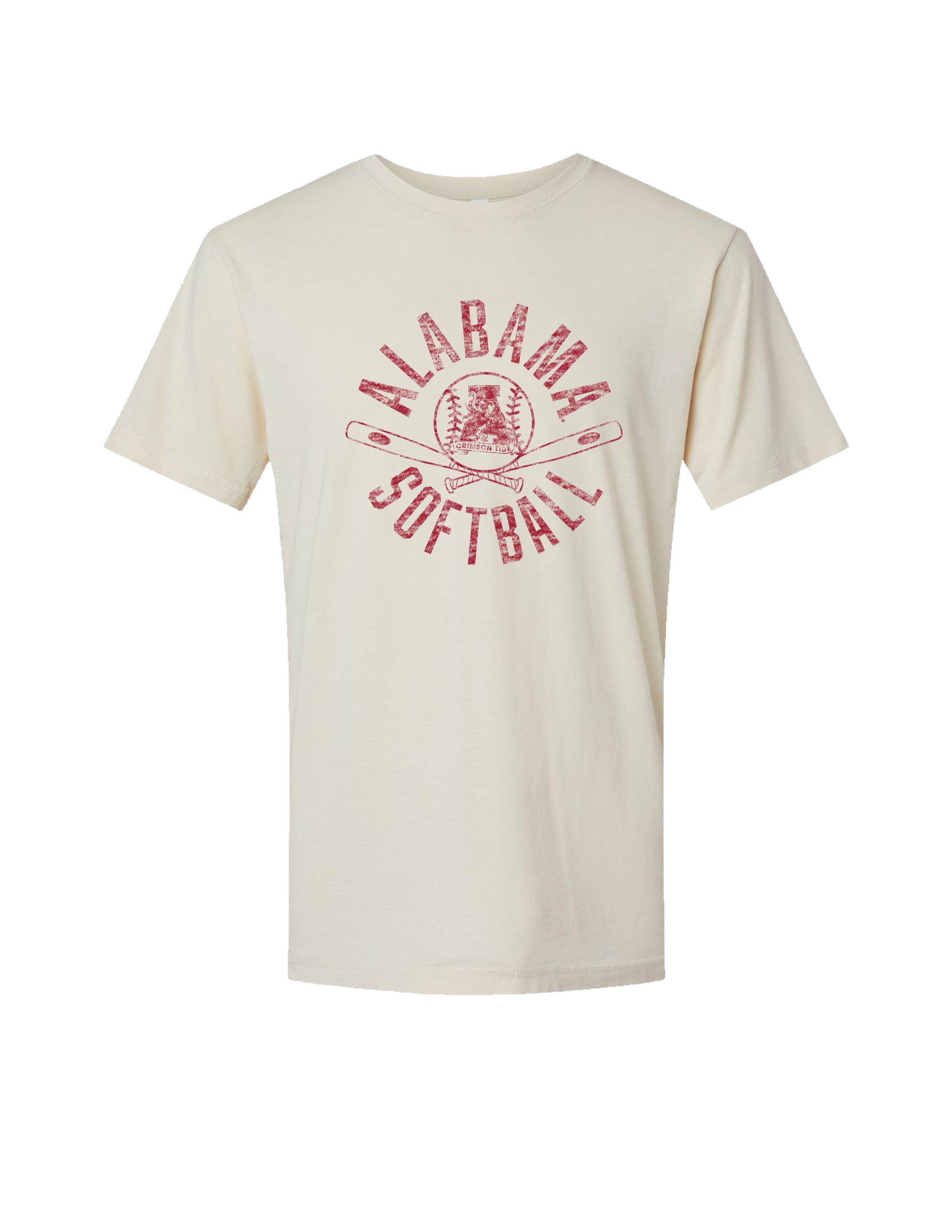 University of Alabama Distressed Ivory T-Shirt with a Red Softball featuring the Vintage A logo over crossed softball bats, surrounded by Red text “Alabama Softball”