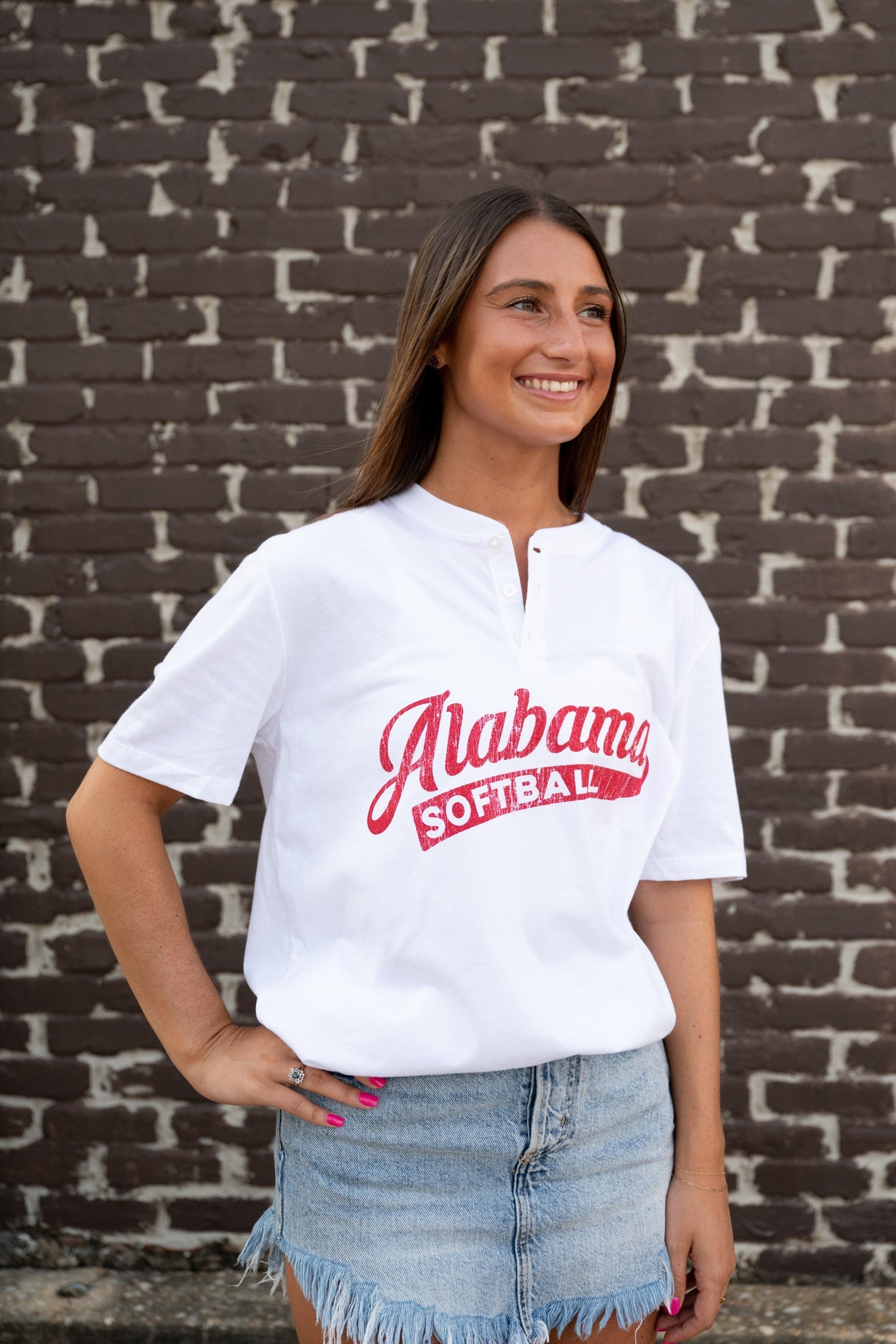 University of Alabama Alabama Softball  White Henley Startee CVC with the Red script "Alabama" and White text "SOFTBALL" inside the script tail