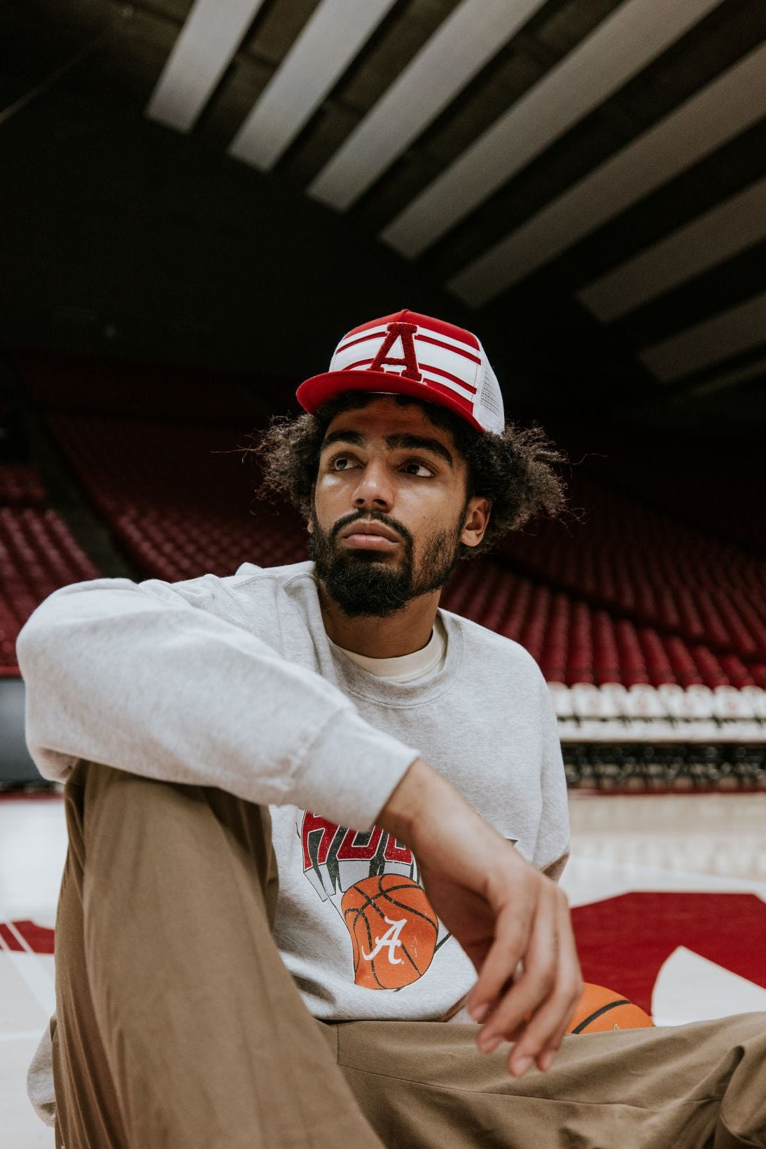 University of Alabama Red and White Trucker Hat with White piping, White stripes, and a fuzzy Crimson Block A patch