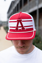 University of Alabama Red and White Trucker Hat with White piping, White stripes, and a fuzzy Crimson Block A patch