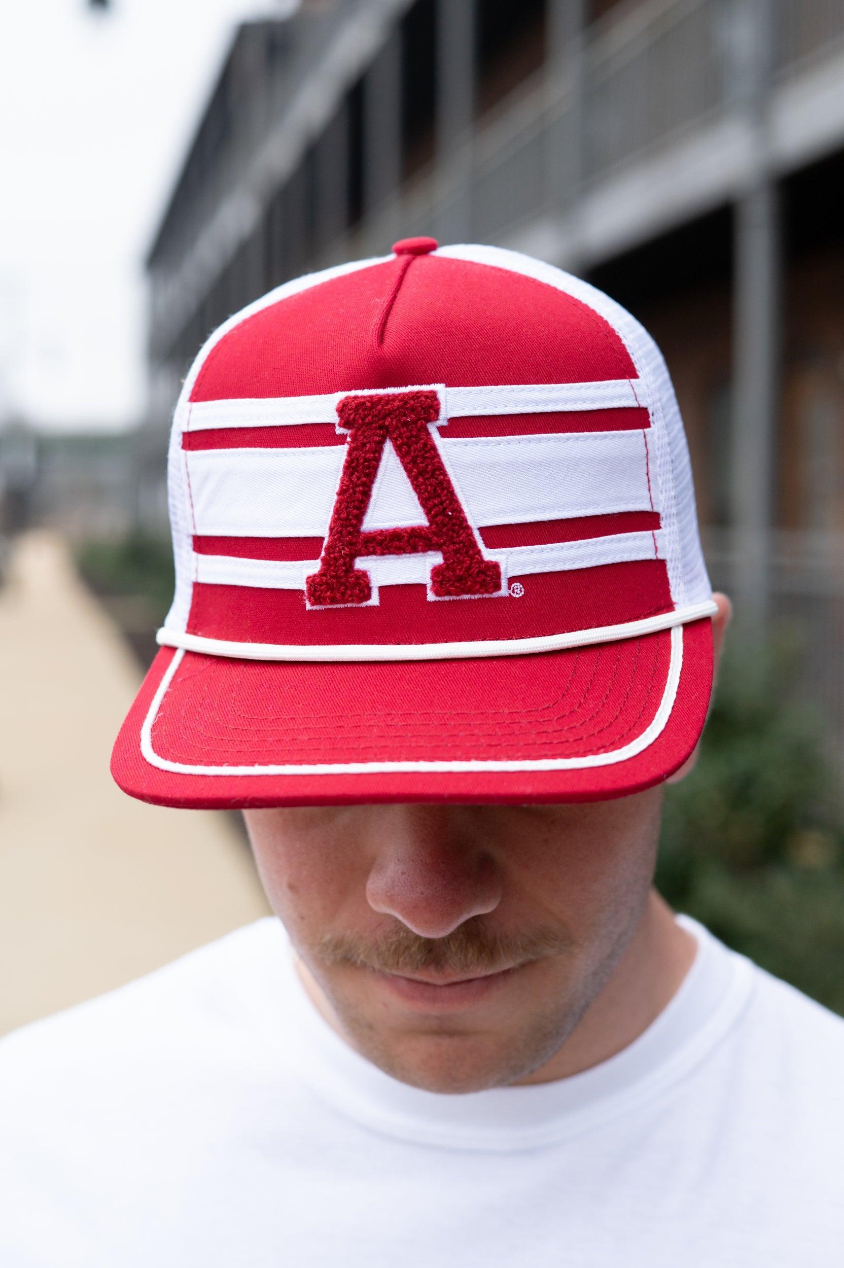 University of Alabama Red and White Trucker Hat with White piping, White stripes, and a fuzzy Crimson Block A patch