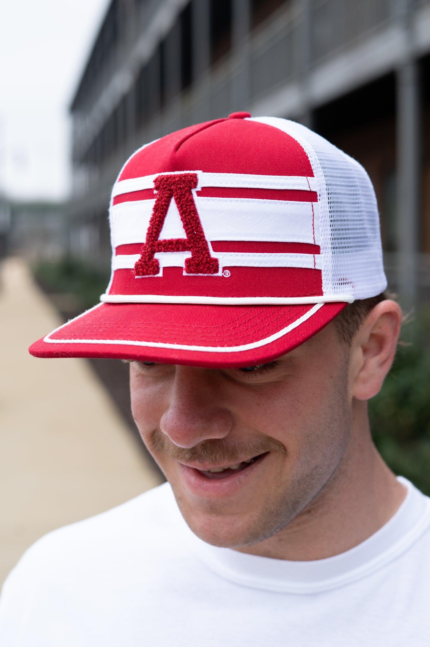 University of Alabama Red and White Trucker Hat with White piping, White stripes, and a fuzzy Crimson Block A patch