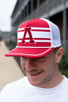 University of Alabama Red and White Trucker Hat with White piping, White stripes, and a fuzzy Crimson Block A patch