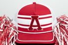 University of Alabama Red and White Trucker Hat with White piping, White stripes, and a fuzzy Crimson Block A patch