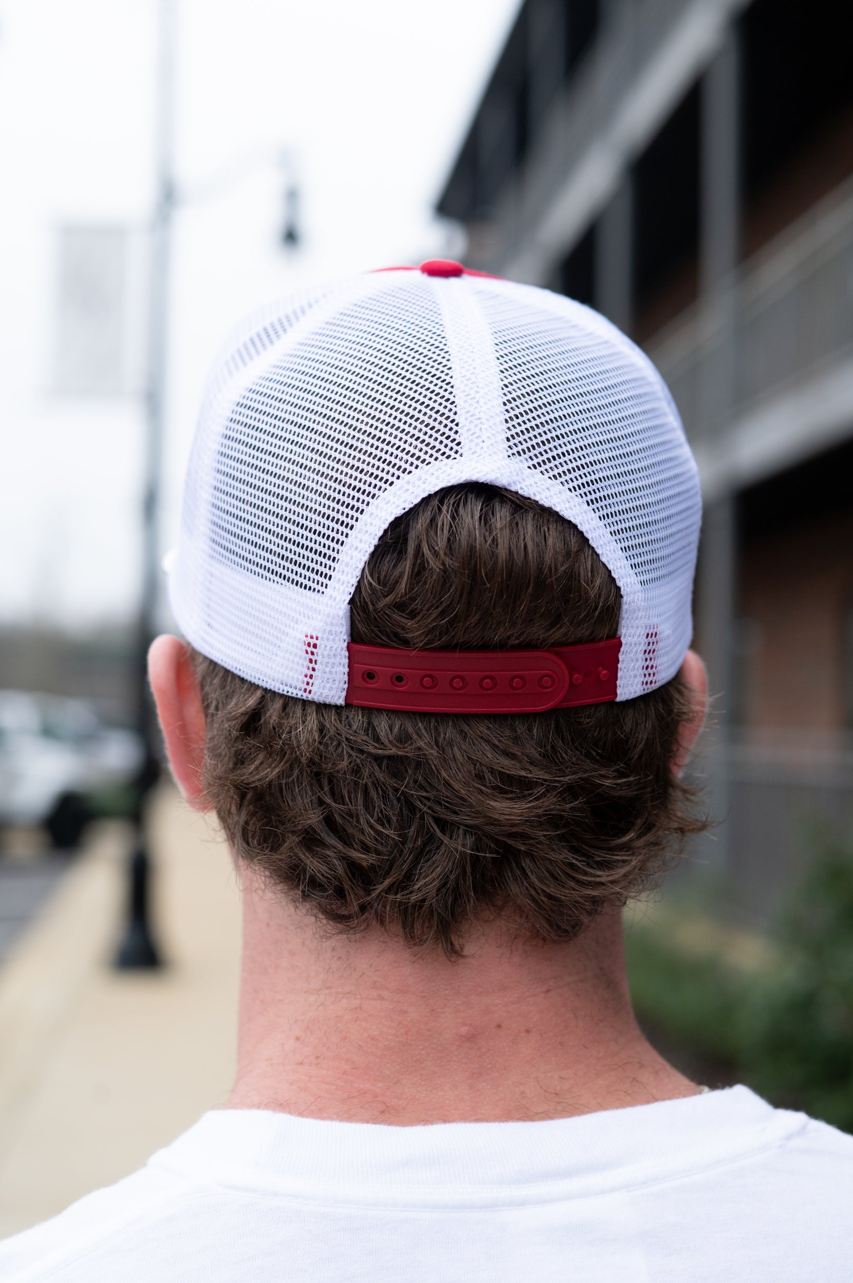 University of Alabama Red and White Trucker Hat with White piping, White stripes, and a fuzzy Crimson Block A patch
snapback