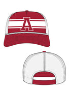 University of Alabama Red and White Trucker Hat with White piping, White stripes, and a fuzzy Crimson Block A patch