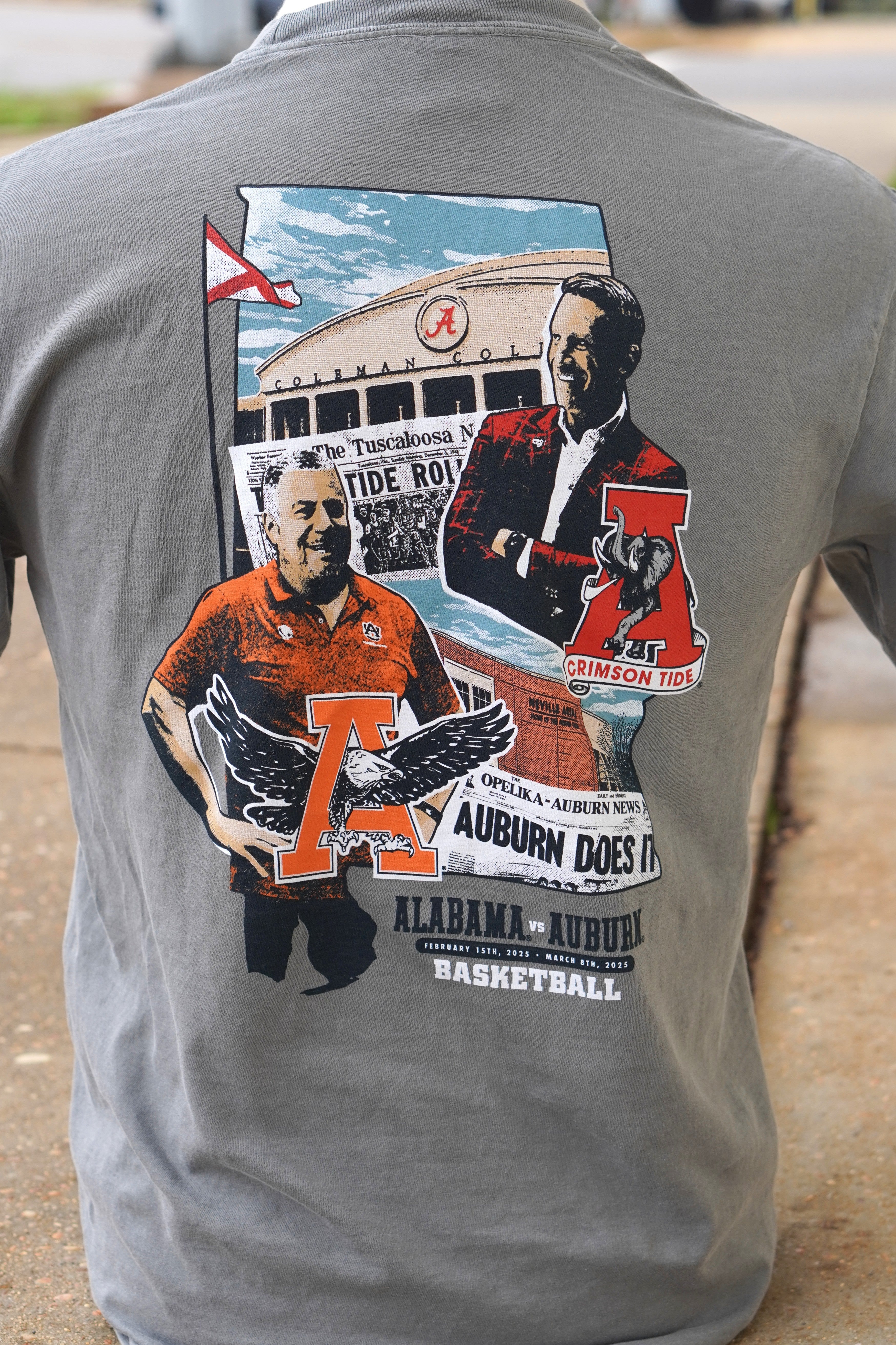 University of Alabama Auburn University Grey T-Shirt featuring the basketball coaches from both teams, Coleman Coliseum, and both schools' vintage logos
