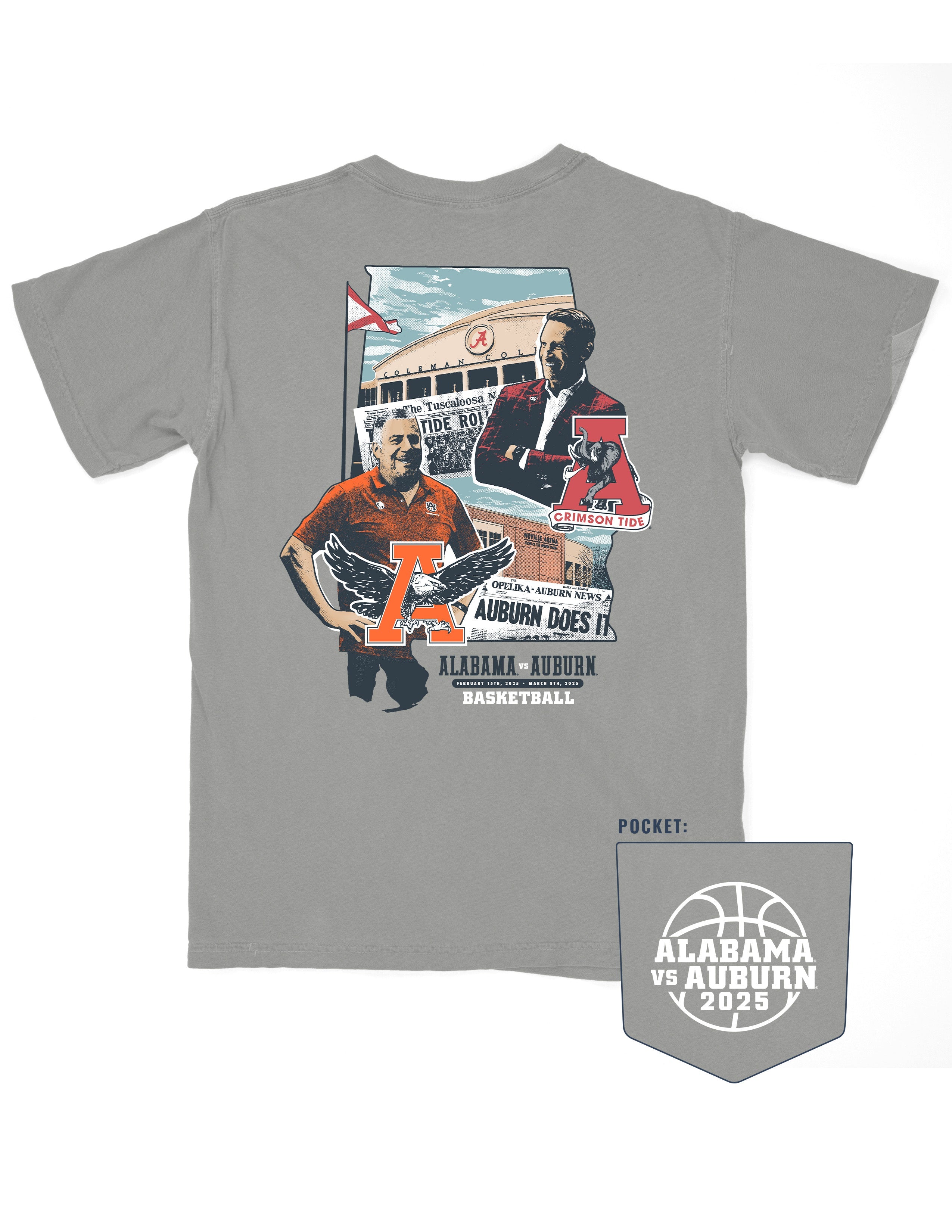 University of Alabama Auburn University Grey T-Shirt featuring the basketball coaches from both teams, Coleman Coliseum, and both schools' vintage logos