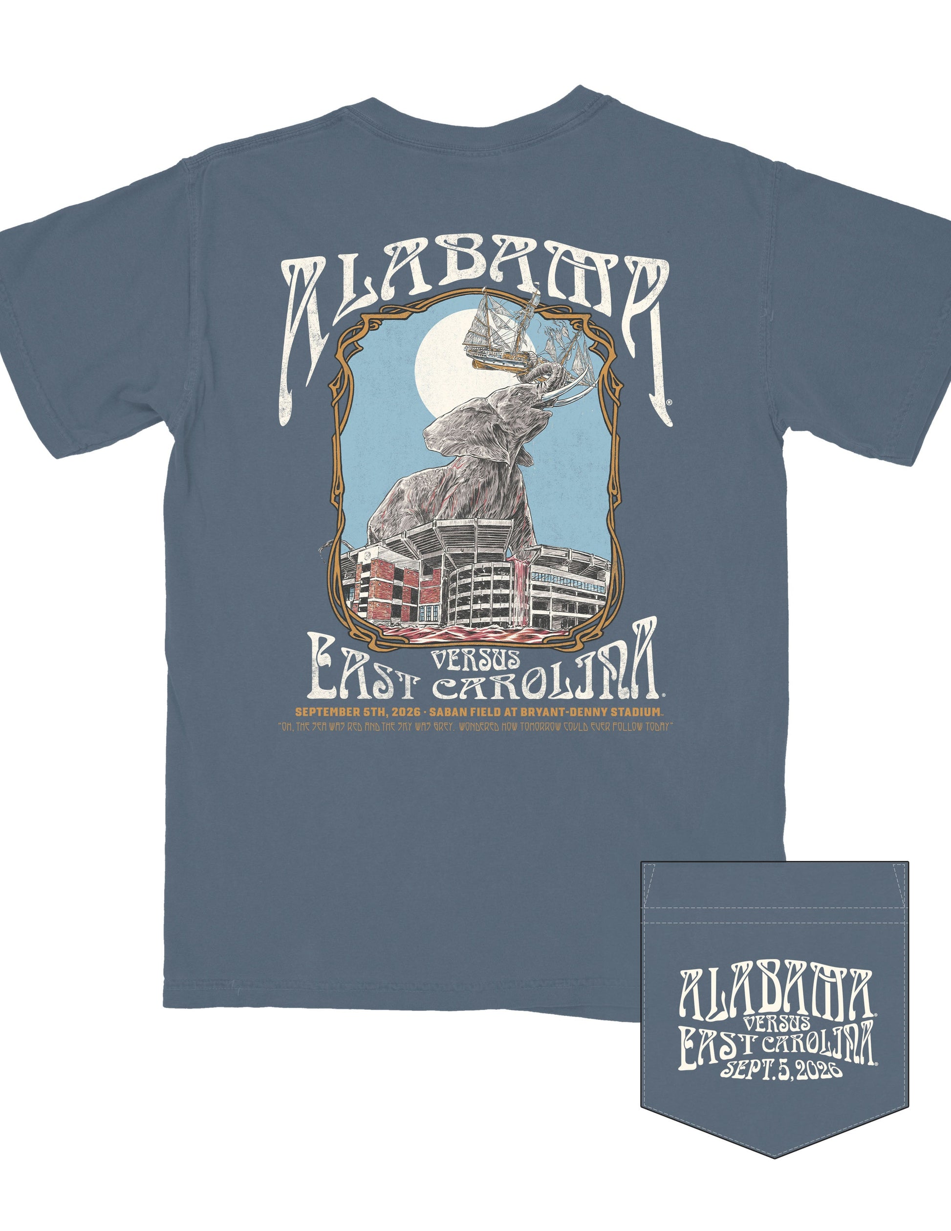 University of Alabama Denim T-Shirt with White text “Alabama | Versus East Carolina” surrounding an illustration of an elephant standing inside the Bryant-Denny Stadium, and a pirate ship clutched in it’s trunk