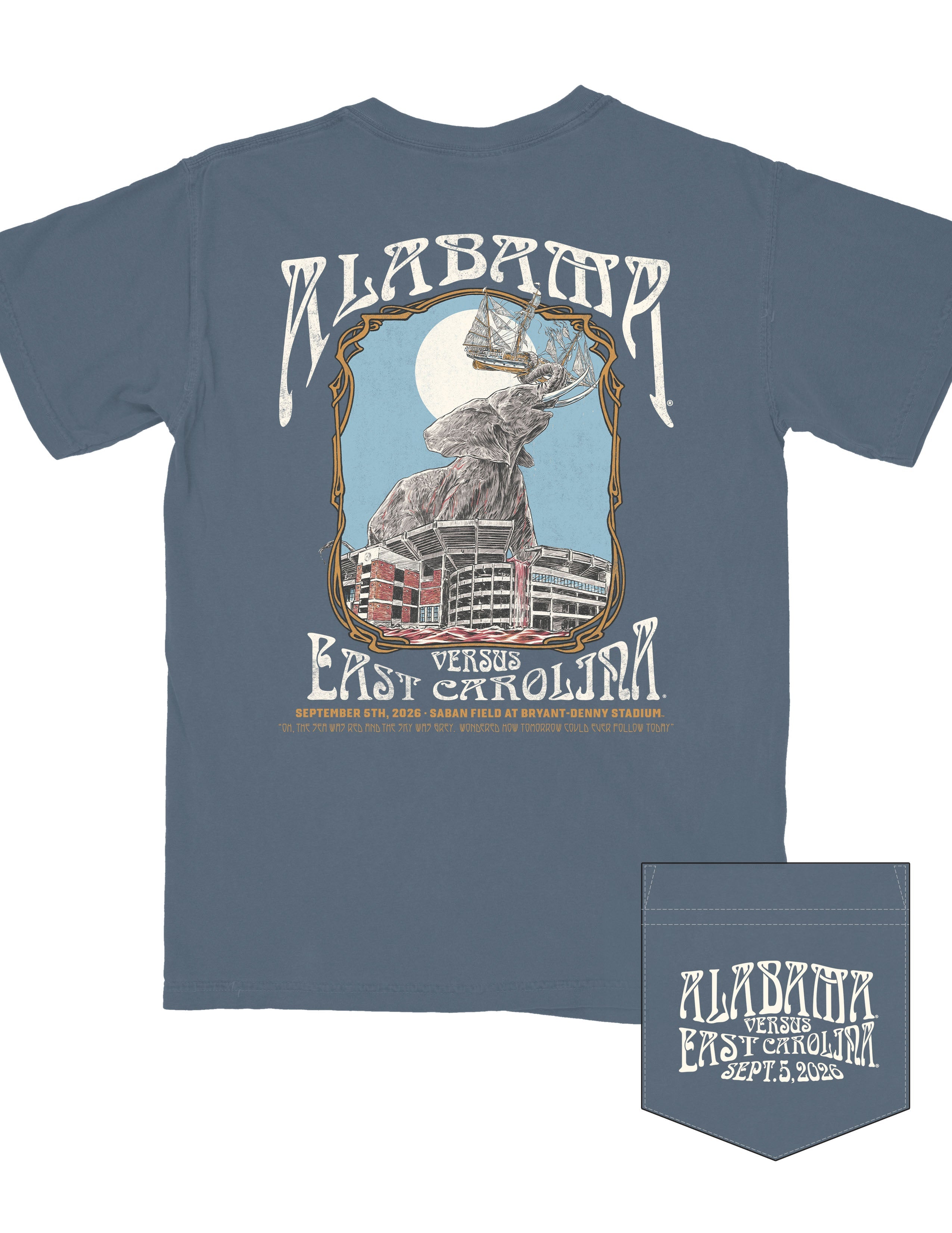 University of Alabama Denim T-Shirt with White text “Alabama | Versus East Carolina” surrounding an illustration of an elephant standing inside the Bryant-Denny Stadium, and a pirate ship clutched in it’s trunk