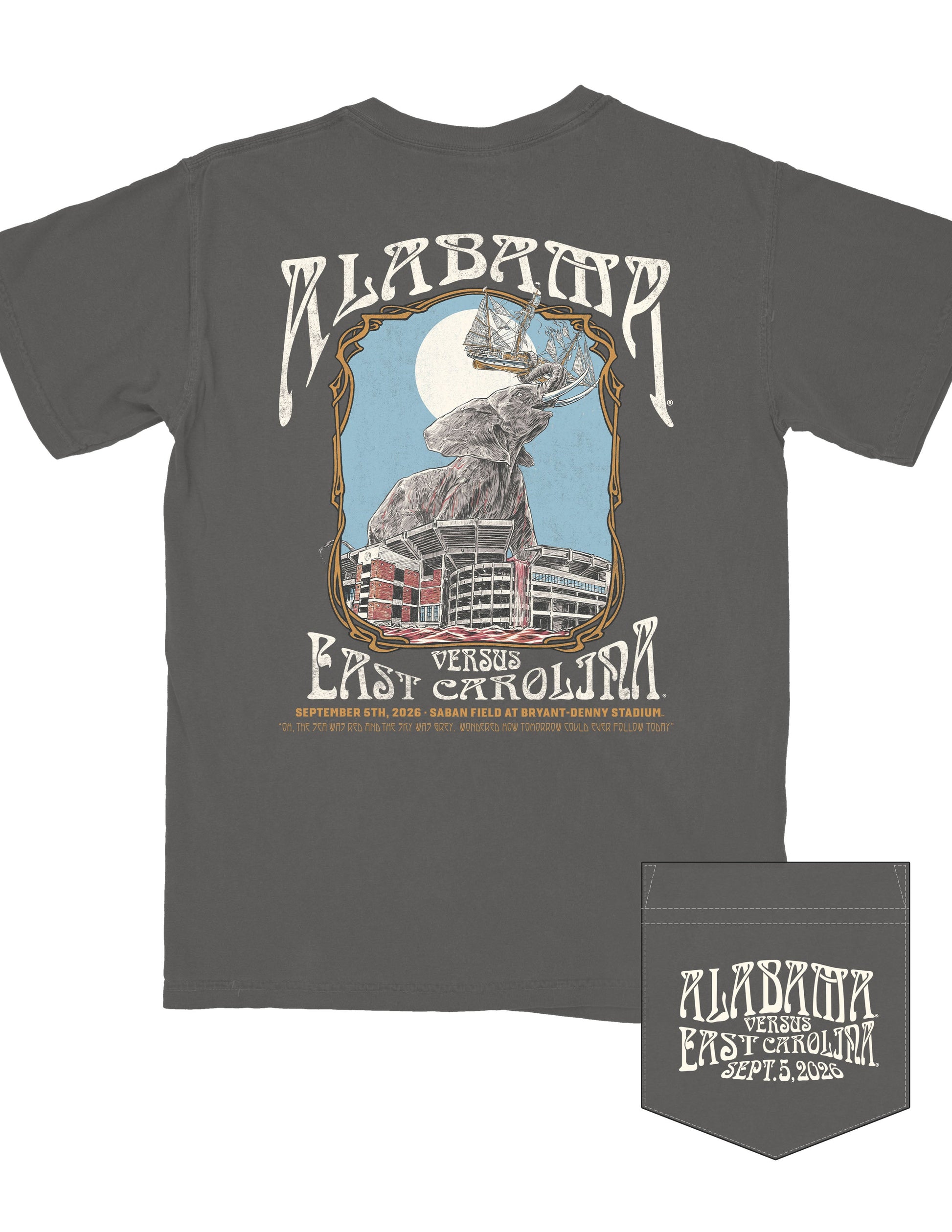University of Alabama Grey T-Shirt with White text “Alabama | Versus East Carolina” surrounding an illustration of an elephant standing inside the Bryant-Denny Stadium, and a pirate ship clutched in it’s trunk