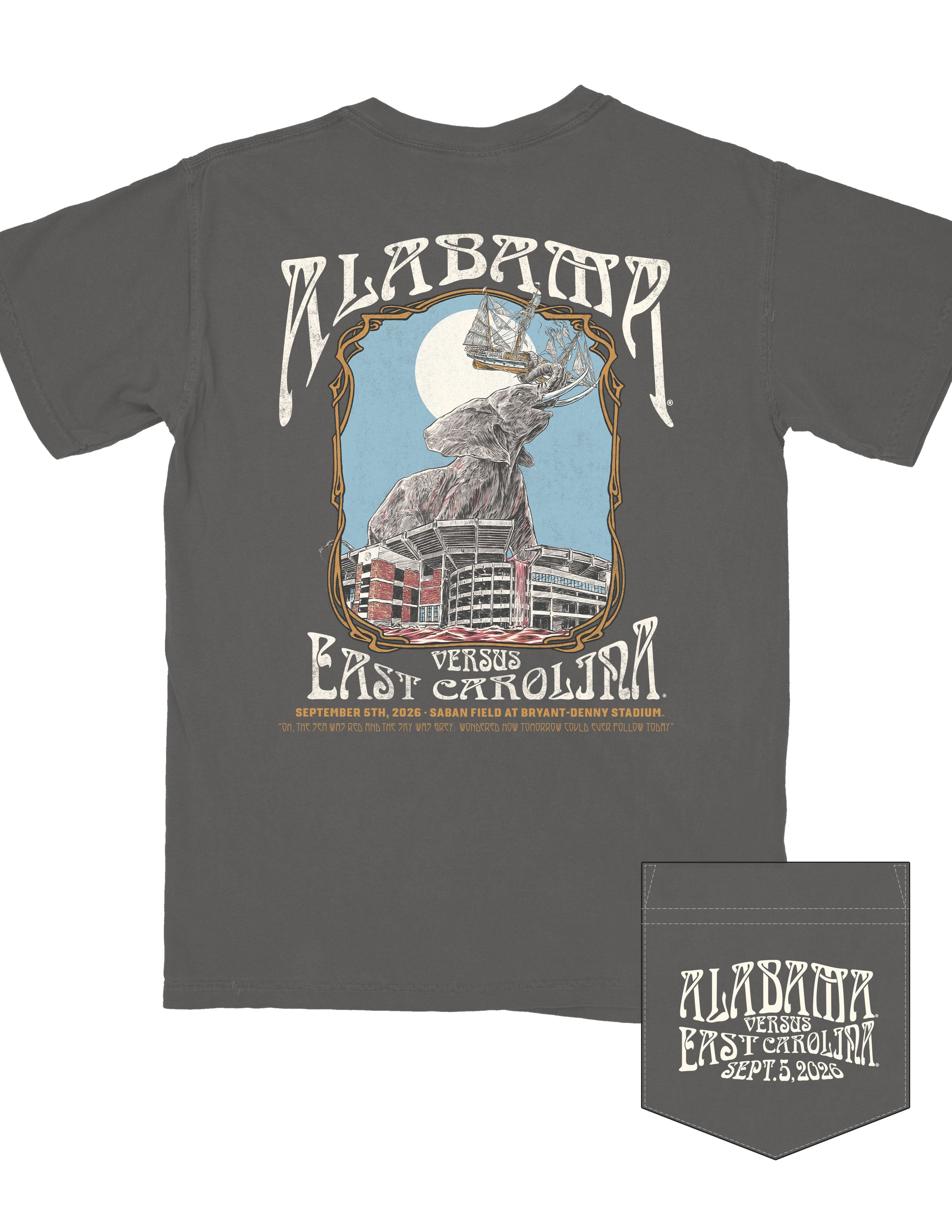 University of Alabama Grey T-Shirt with White text “Alabama | Versus East Carolina” surrounding an illustration of an elephant standing inside the Bryant-Denny Stadium, and a pirate ship clutched in it’s trunk