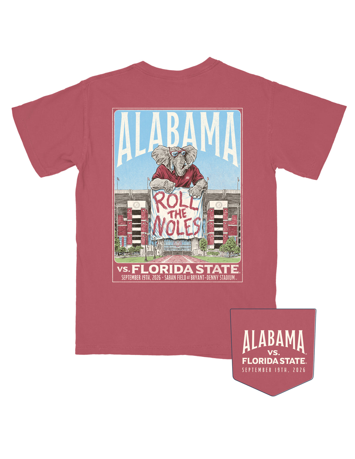 University of Alabama Crimson Shirt with an illustration of Big Al hanging a “Roll the Noles” banner over Bryant-Denny Stadium